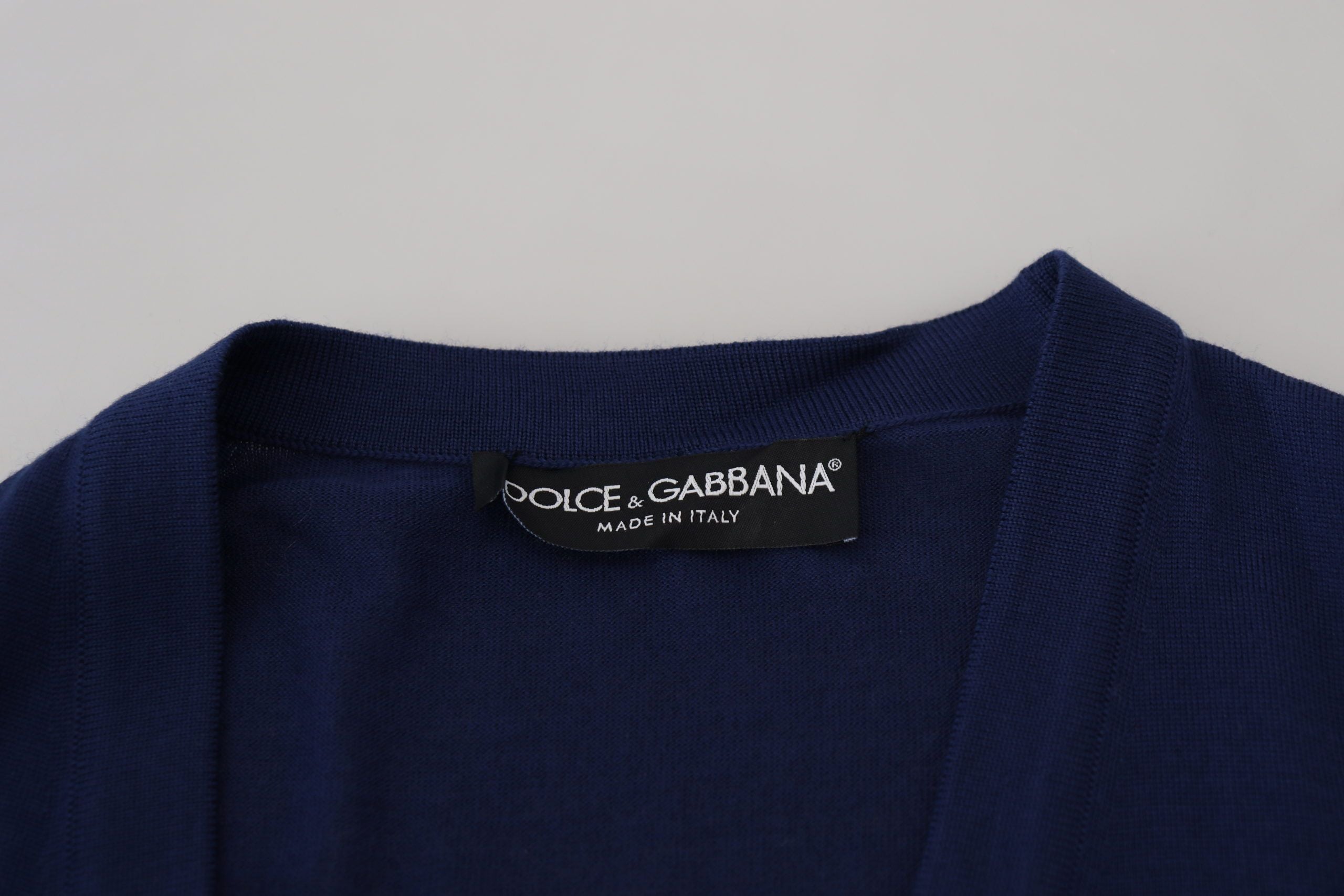 Cárdigan de lana azul Dolce & Gabbana con cuello de pico y tapeta de botones-6