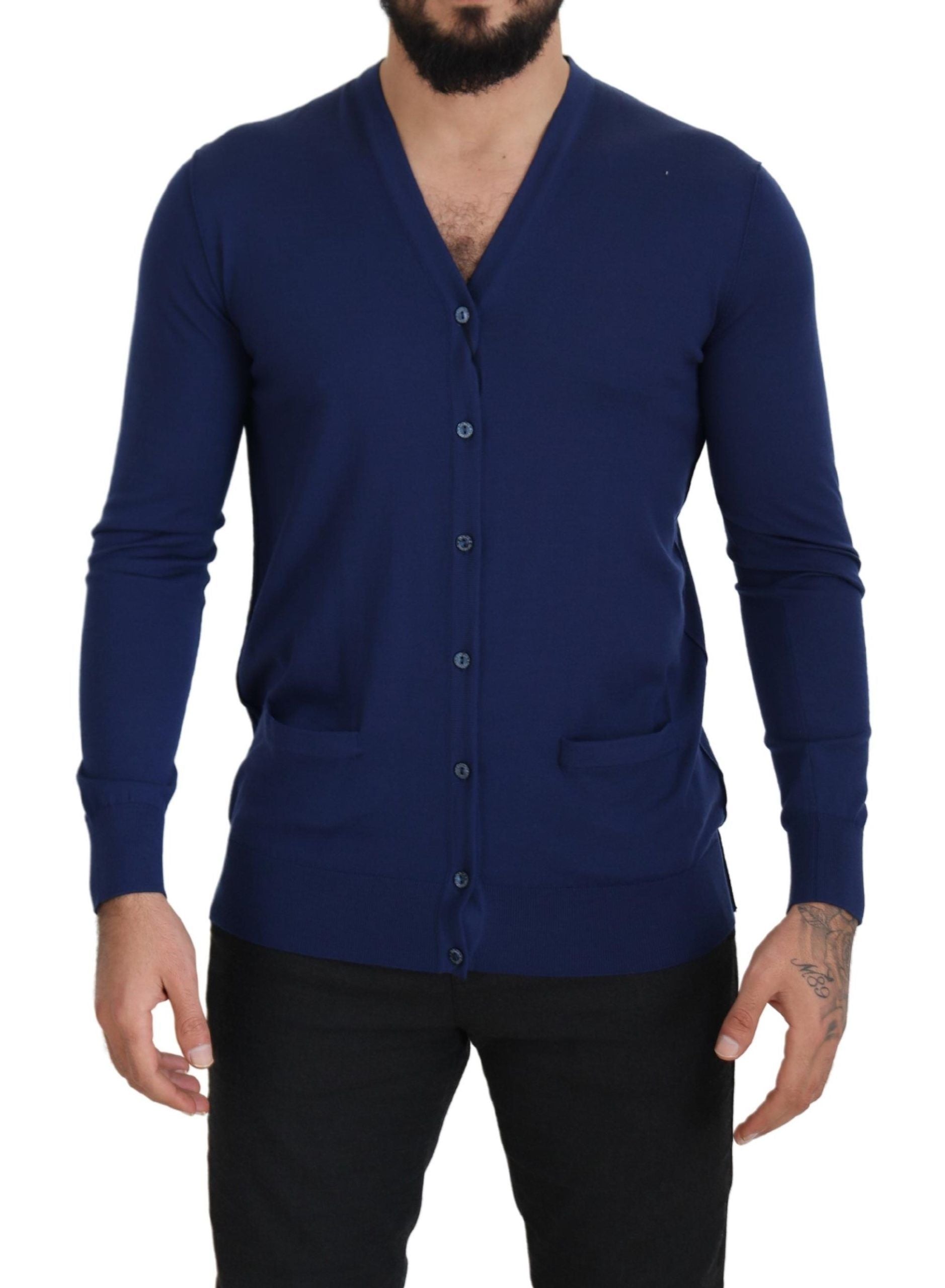 Cárdigan de lana azul Dolce & Gabbana con cuello de pico y tapeta de botones-1