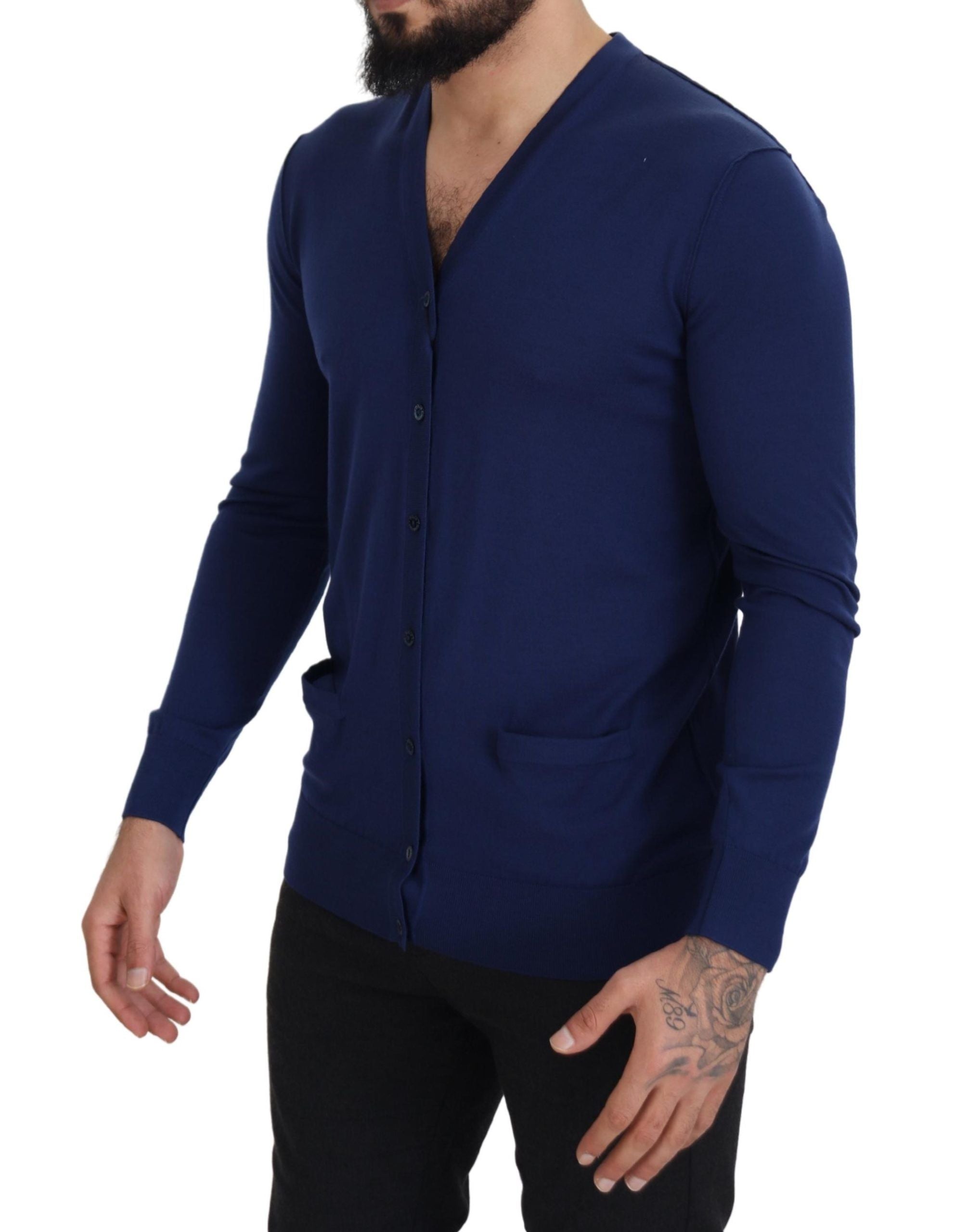 Cárdigan de lana azul Dolce & Gabbana con cuello de pico y tapeta de botones-5