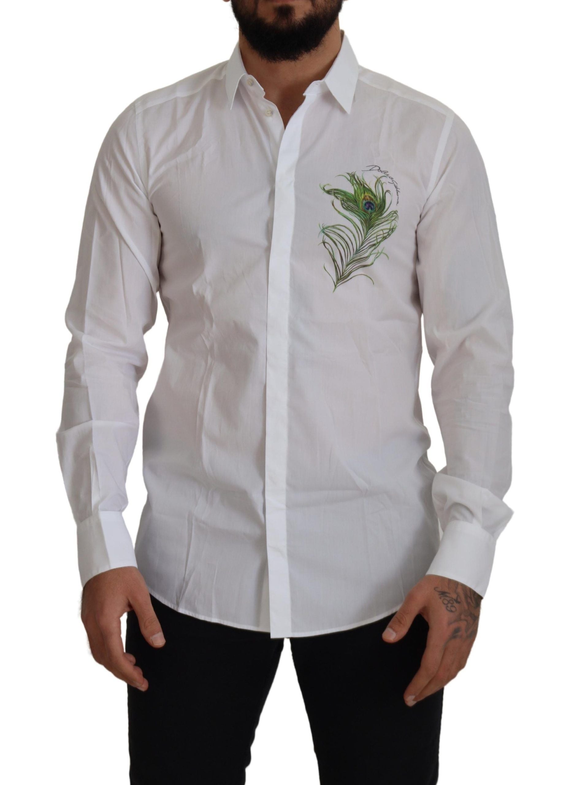 Dolce & Gabbana White Cotton Peacock Feather Formal Gold Shirt-1
