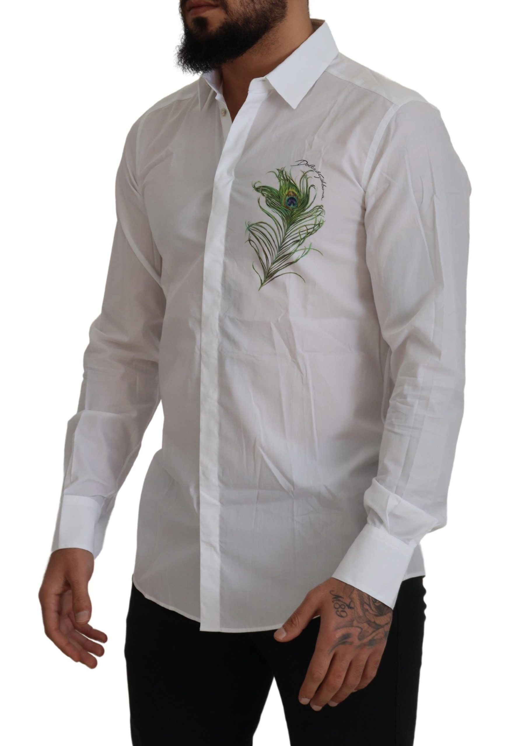 Dolce & Gabbana White Cotton Peacock Feather Formal Gold Shirt-3