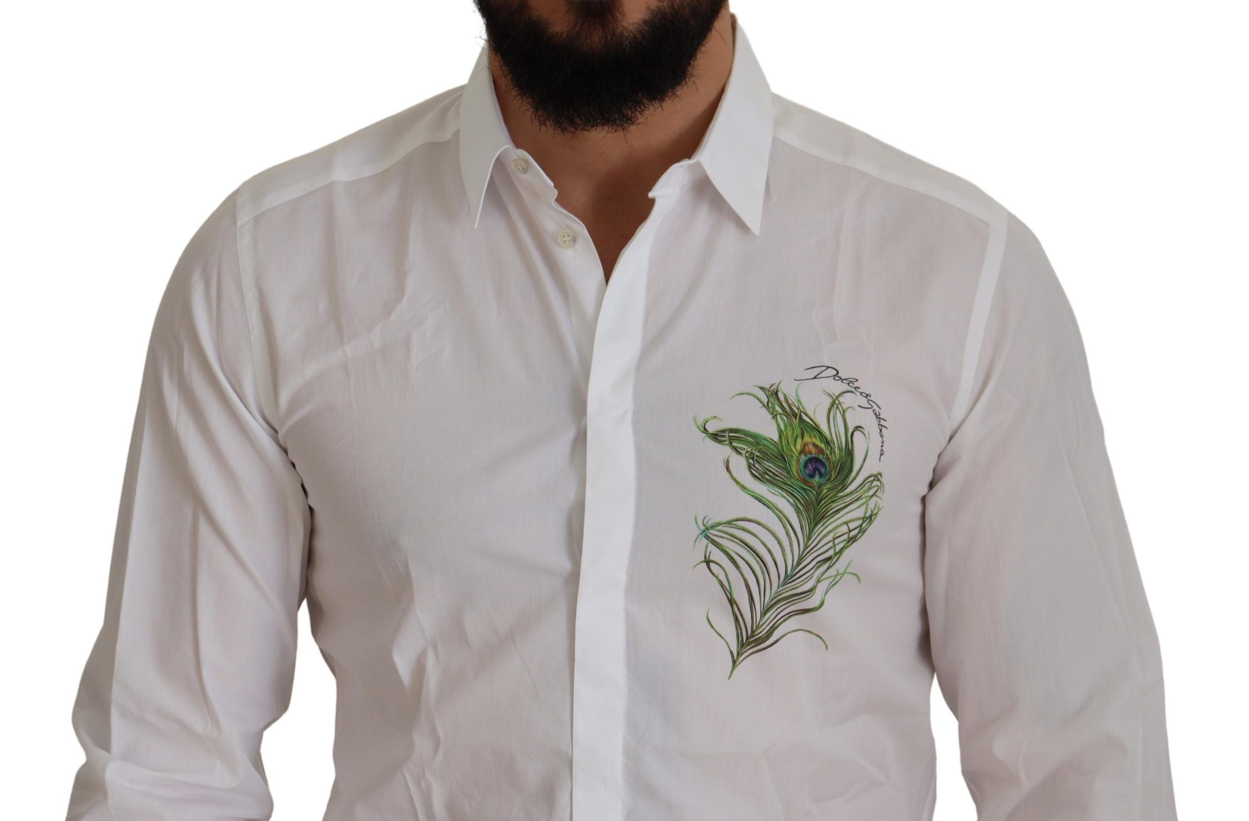 Dolce & Gabbana White Cotton Peacock Feather Formal Gold Shirt-4