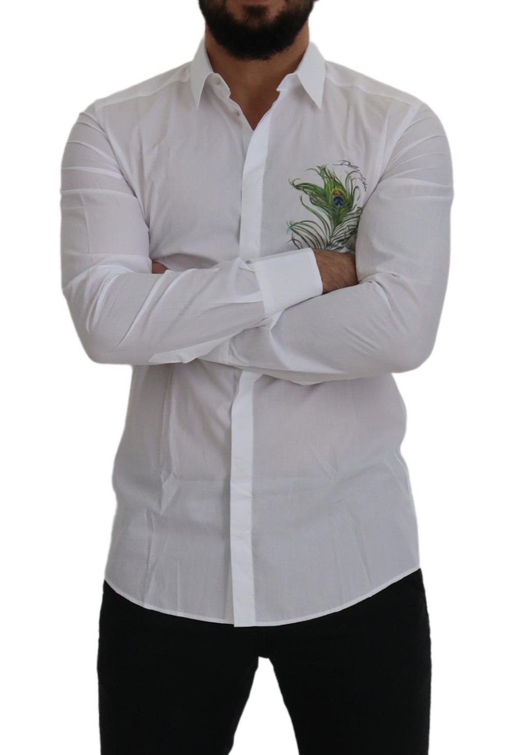 Dolce & Gabbana White Cotton Peacock Feather Formal Gold Shirt-2