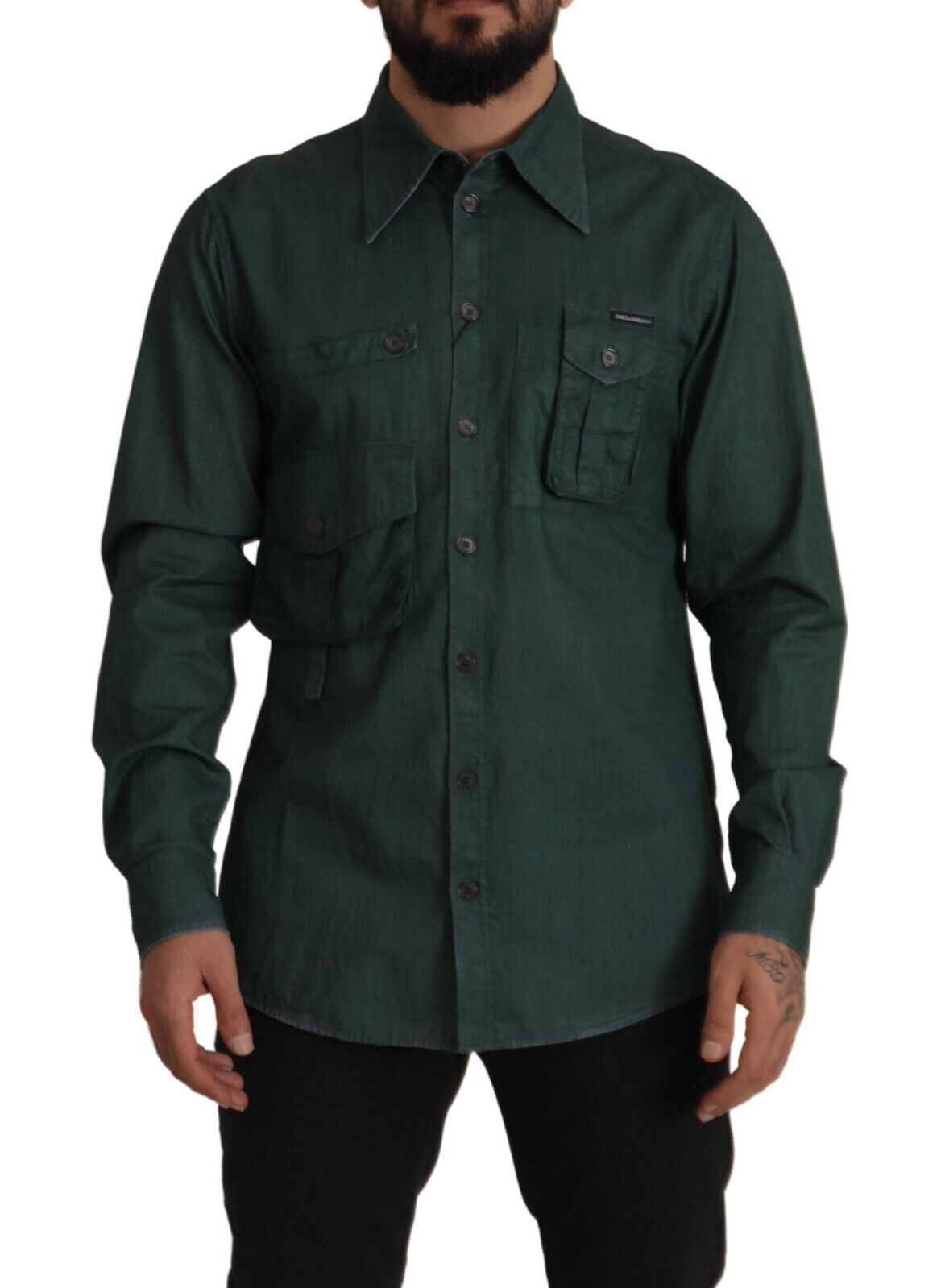 Camisa verde oscuro de manga larga con tapeta de botones de Dolce & Gabbana-1