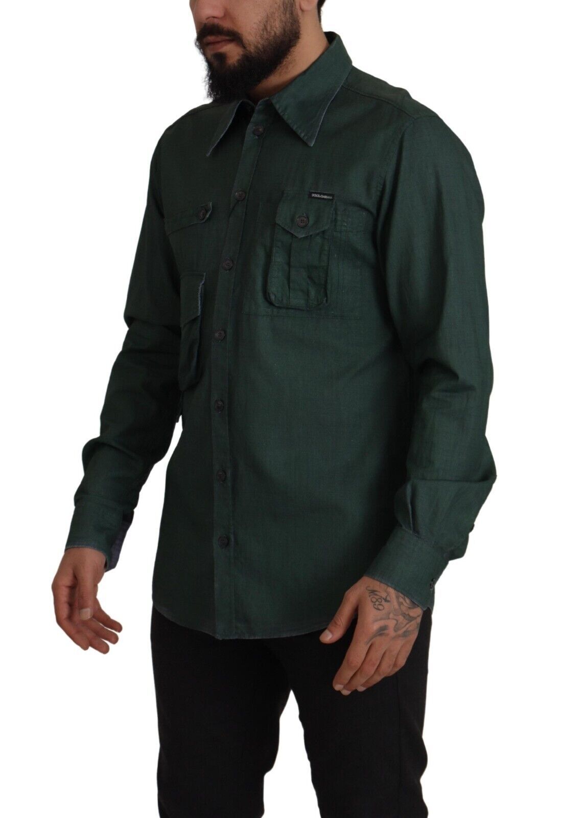 Camisa verde oscuro de manga larga con tapeta de botones de Dolce & Gabbana-2