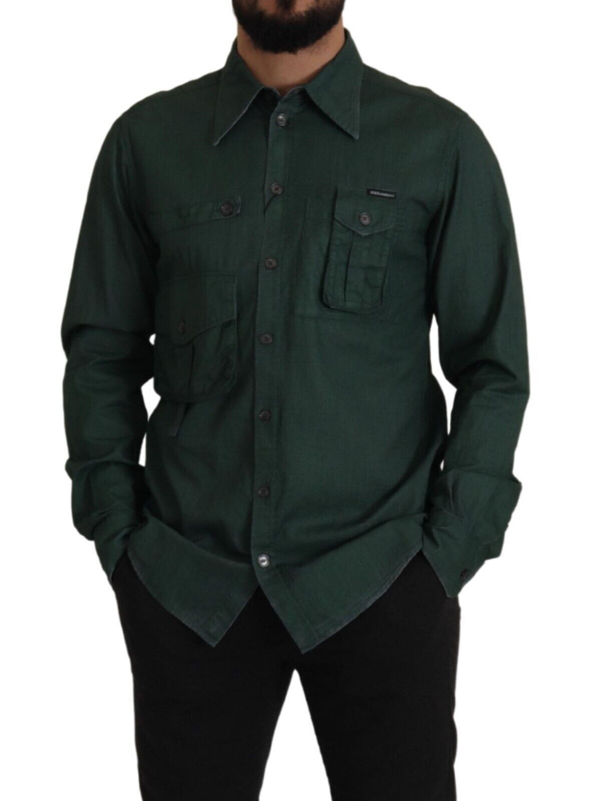 Camisa verde oscuro de manga larga con tapeta de botones de Dolce & Gabbana-5