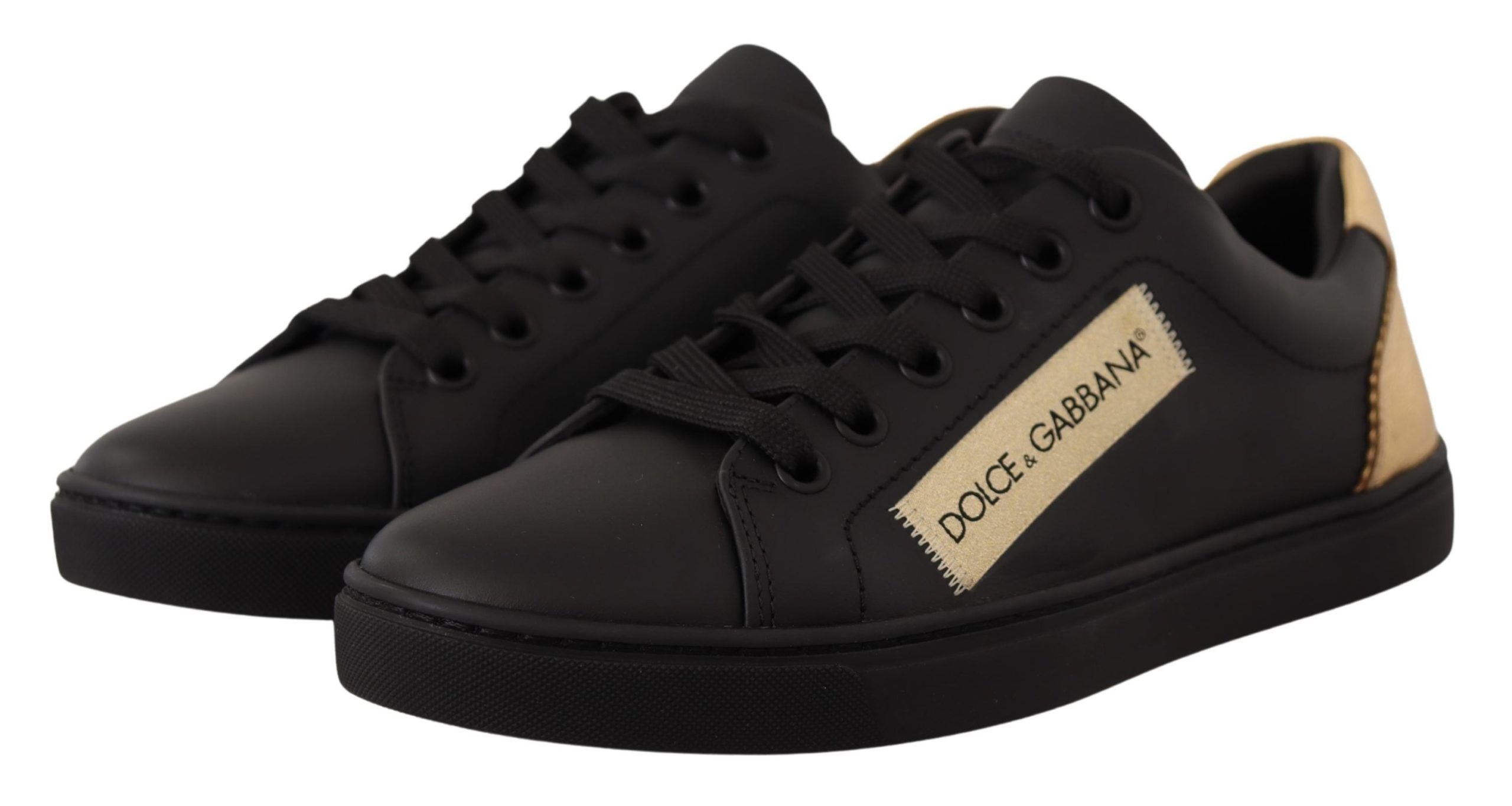 Dolce & Gabbana Black Gold Leather Low Top Sneakers Women's Shoes-4