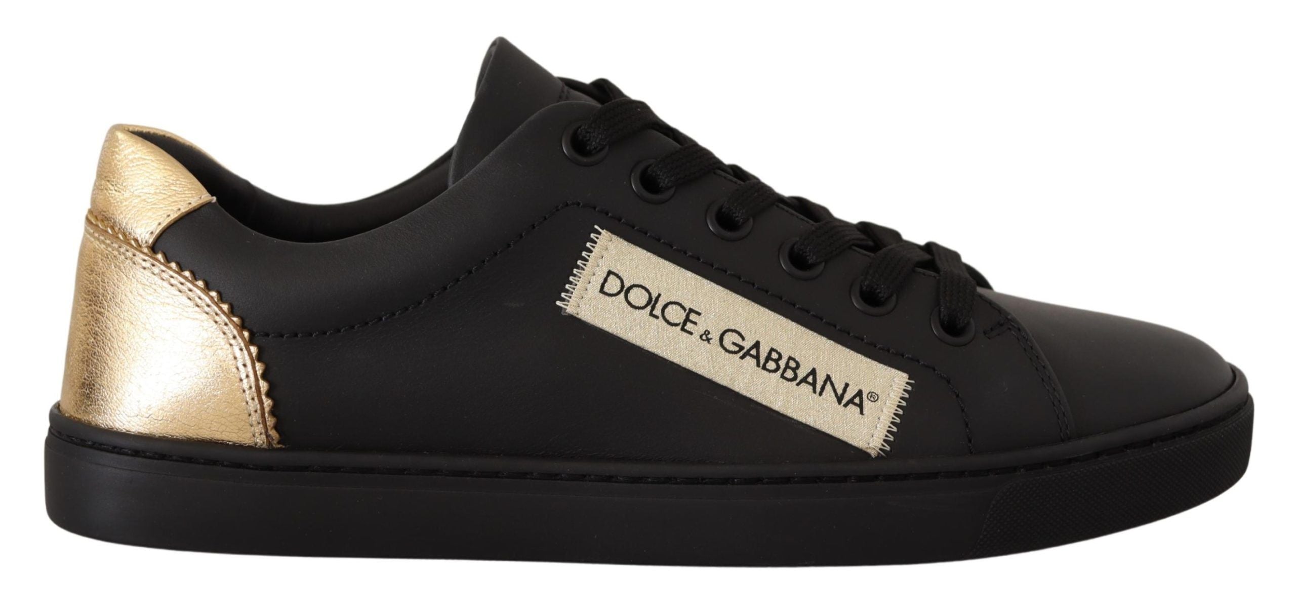 Dolce & Gabbana Black Gold Leather Low Top Sneakers Women's Shoes-1
