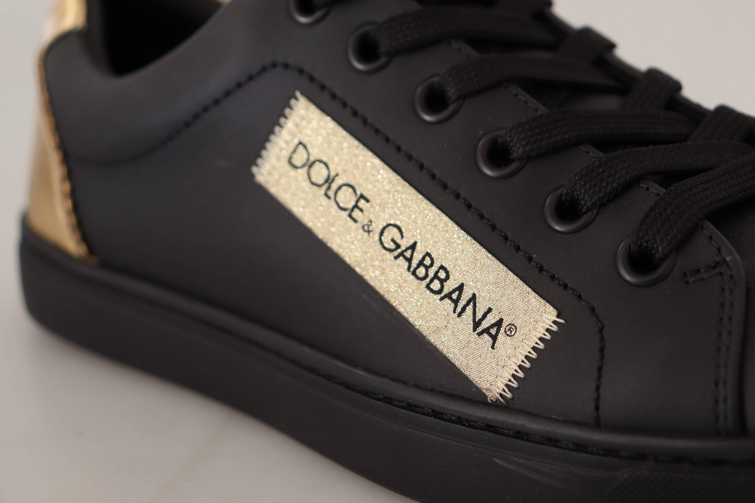 Dolce & Gabbana Black Gold Leather Low Top Sneakers Women's Shoes-8