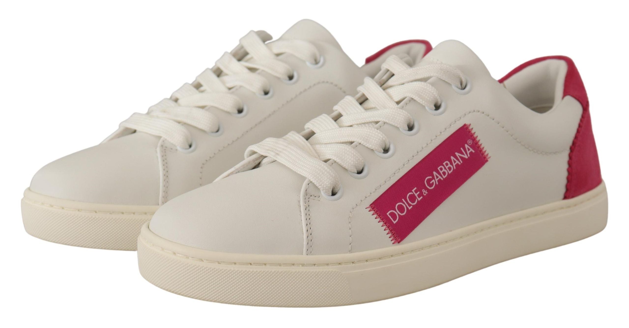 Dolce & Gabbana White Pink Leather Low Top Sneakers Women's Shoes-2