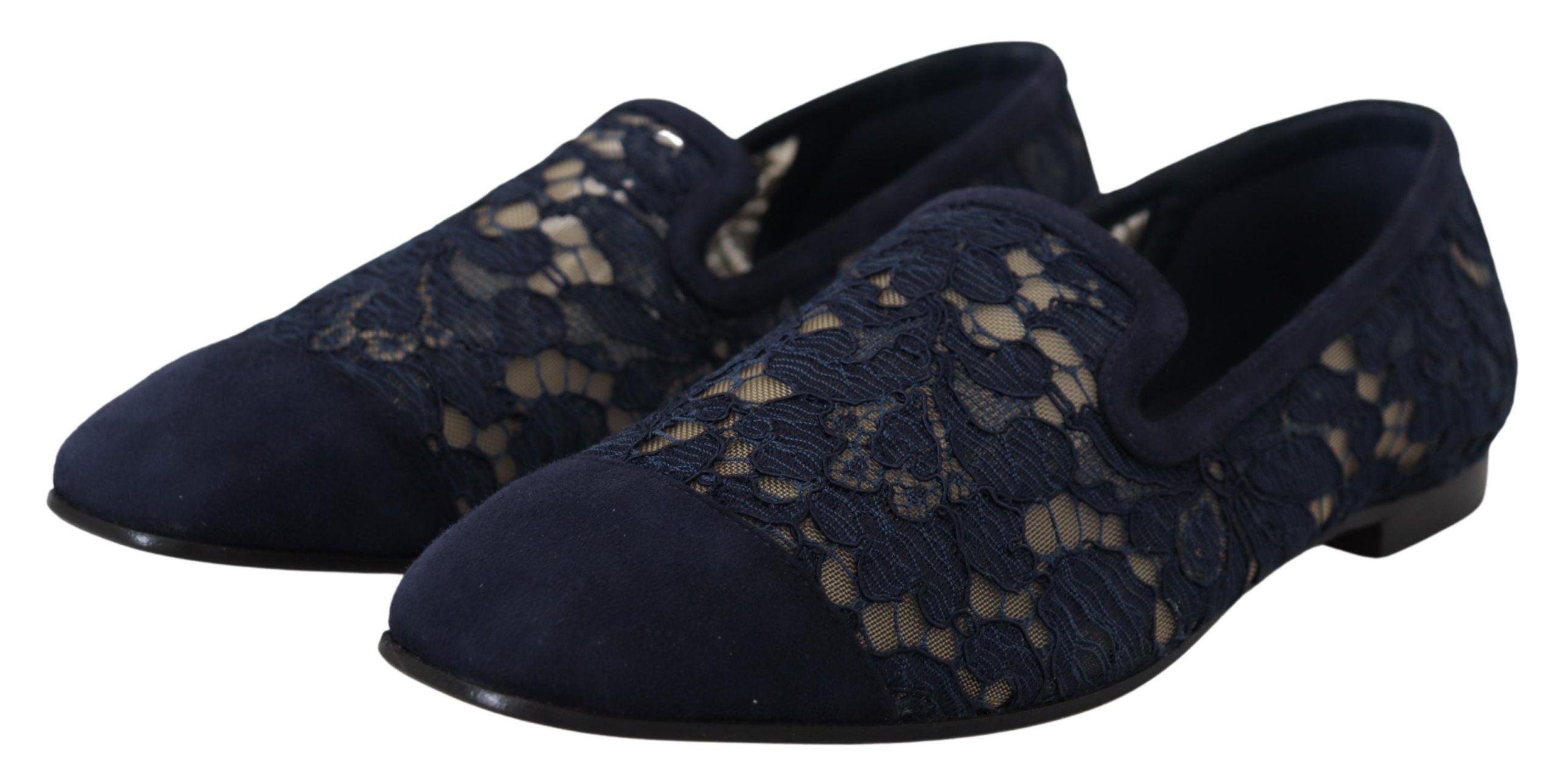Dolce & Gabbana Blau Floral Spitze Slip Ons Loafers Flats Schuhe-2