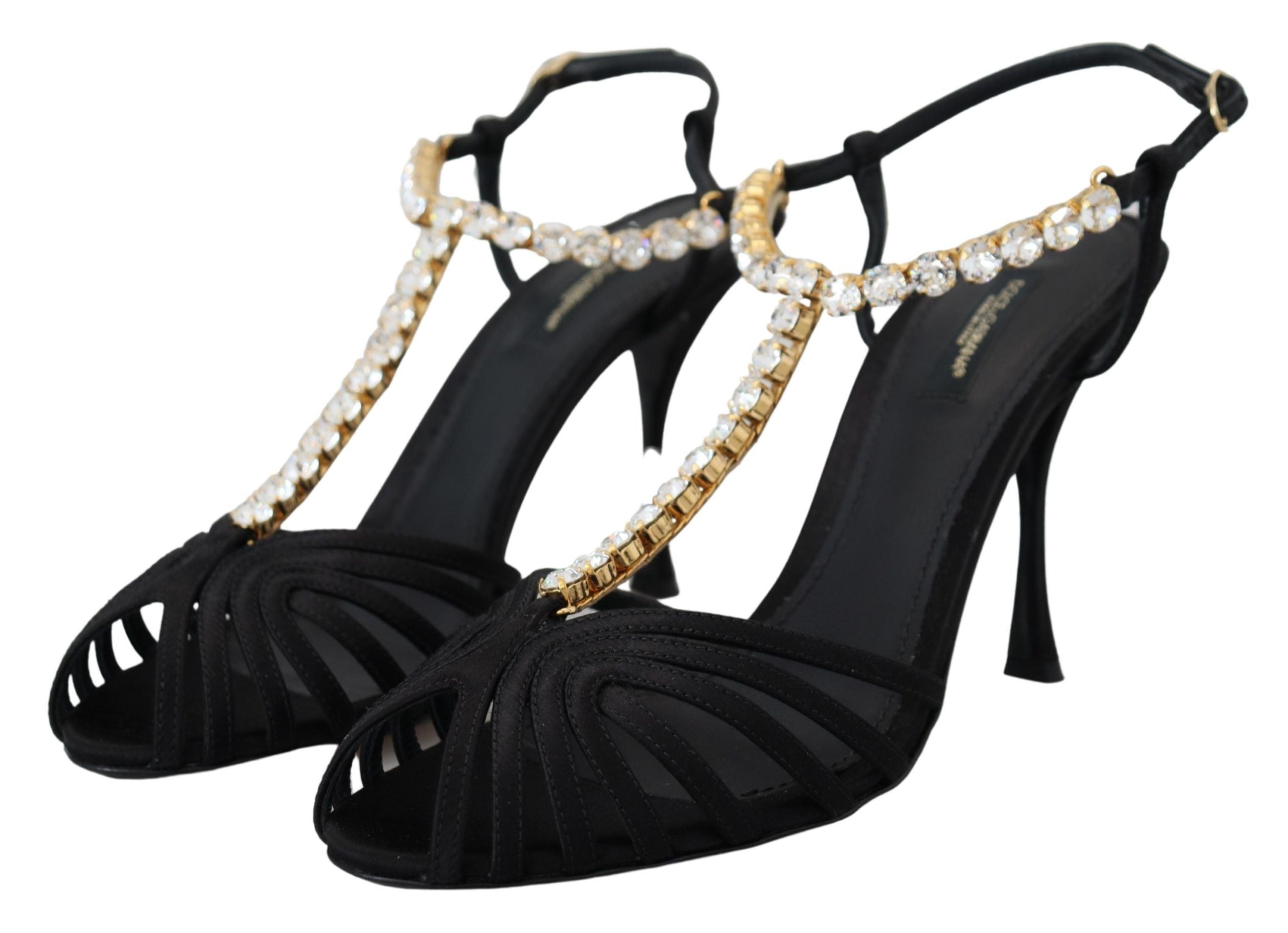 Dolce & Gabbana Black Satin Clear Crystal T-strap Sandal Shoes-2
