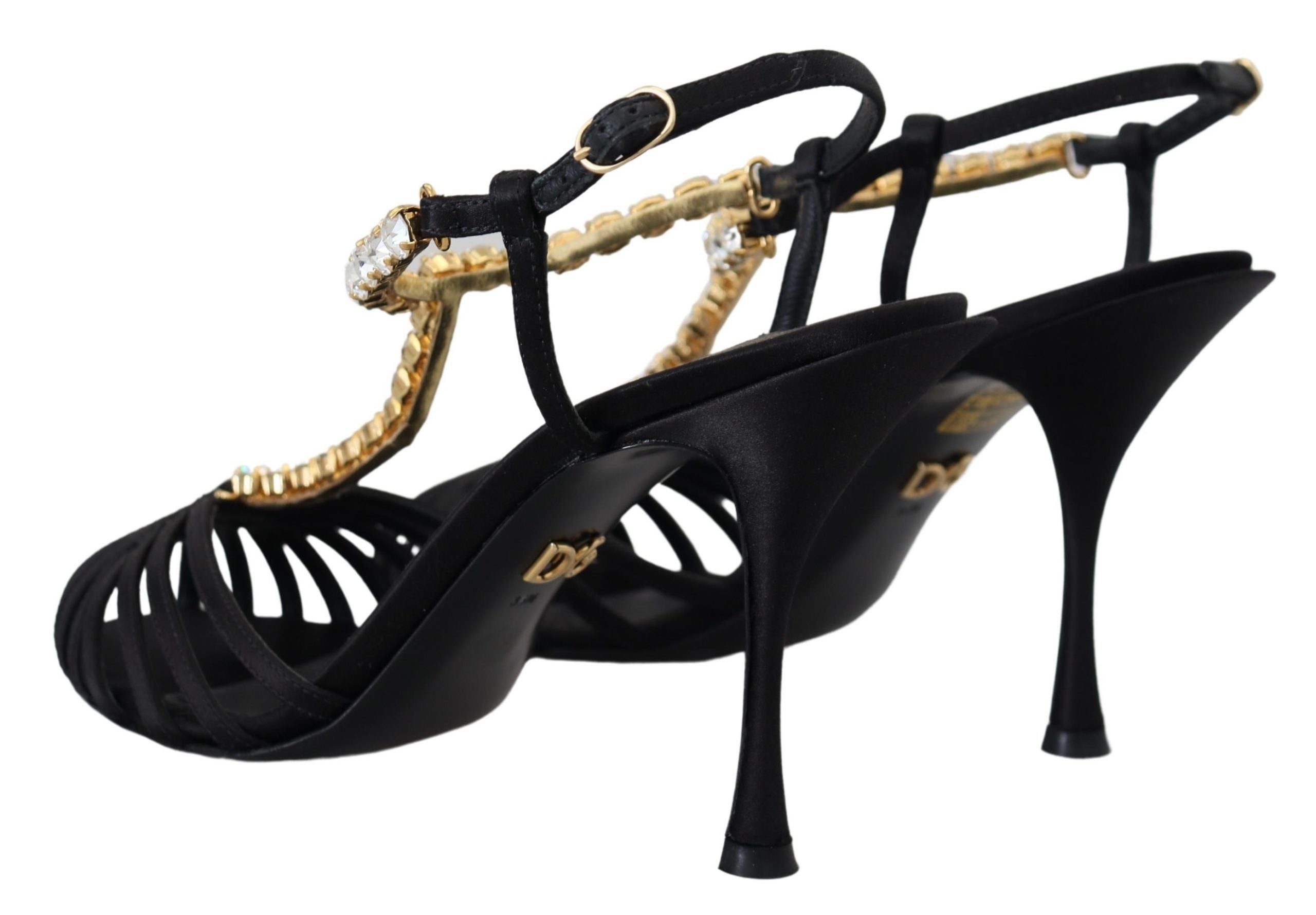 Dolce & Gabbana Black Satin Clear Crystal T-strap Sandal Shoes-3
