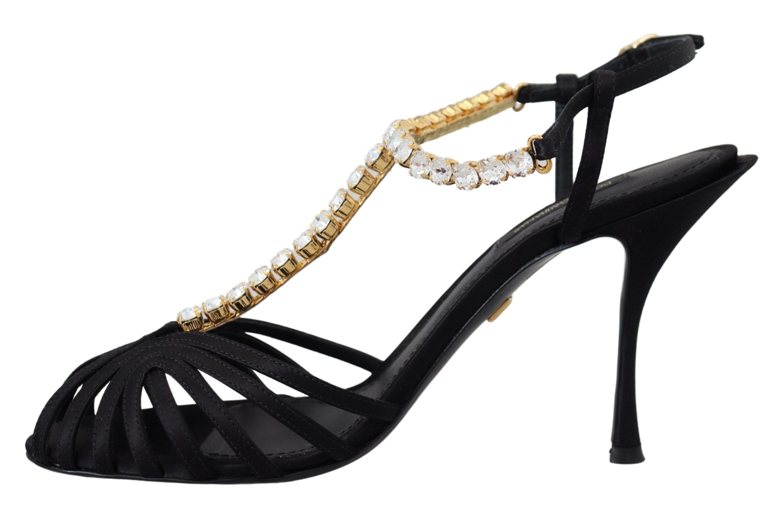 Dolce & Gabbana Black Satin Clear Crystal T-strap Sandal Shoes-4