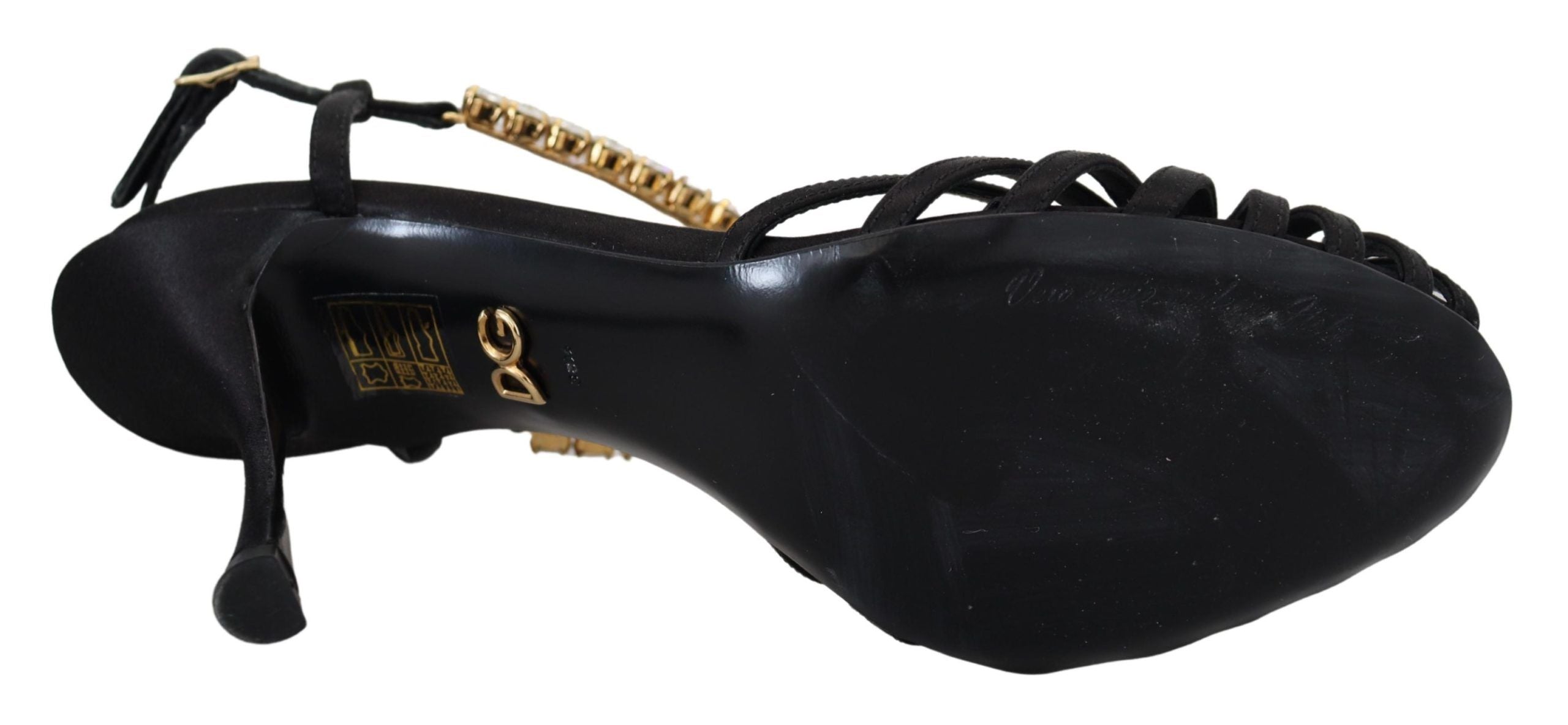 Dolce & Gabbana Black Satin Clear Crystal T-strap Sandal Shoes-5