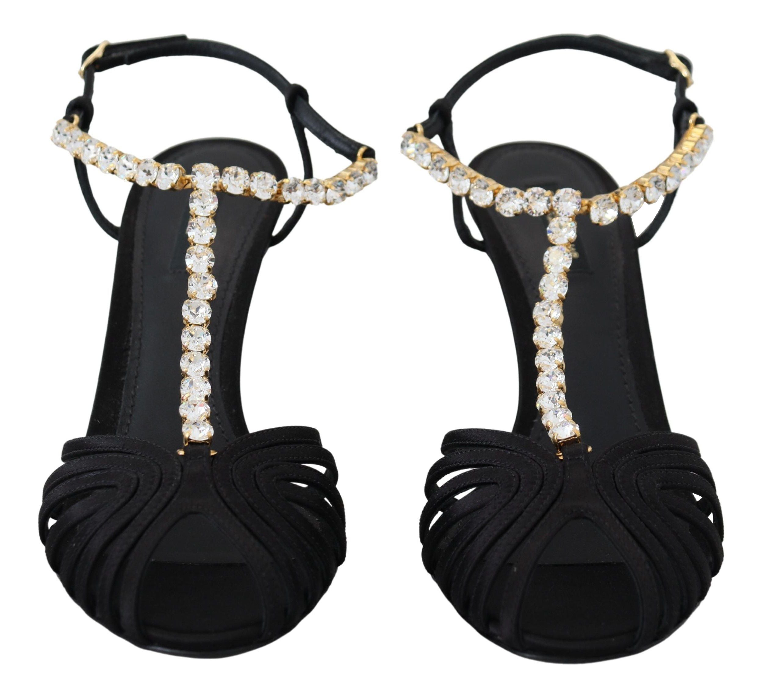 Dolce & Gabbana Black Satin Clear Crystal T-strap Sandal Shoes-6