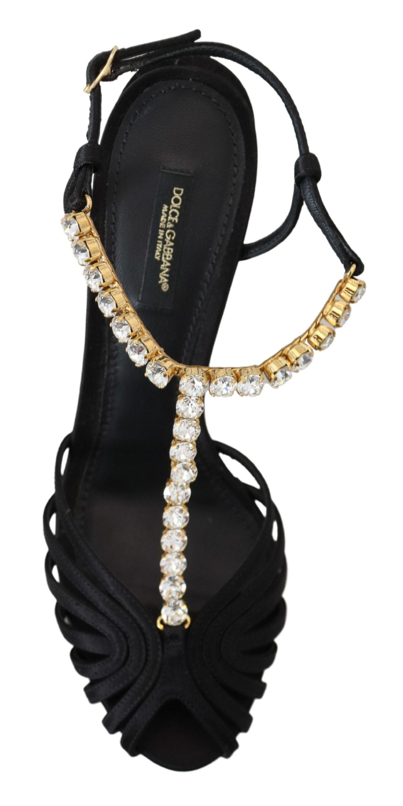 Dolce & Gabbana Black Satin Clear Crystal T-strap Sandal Shoes-7