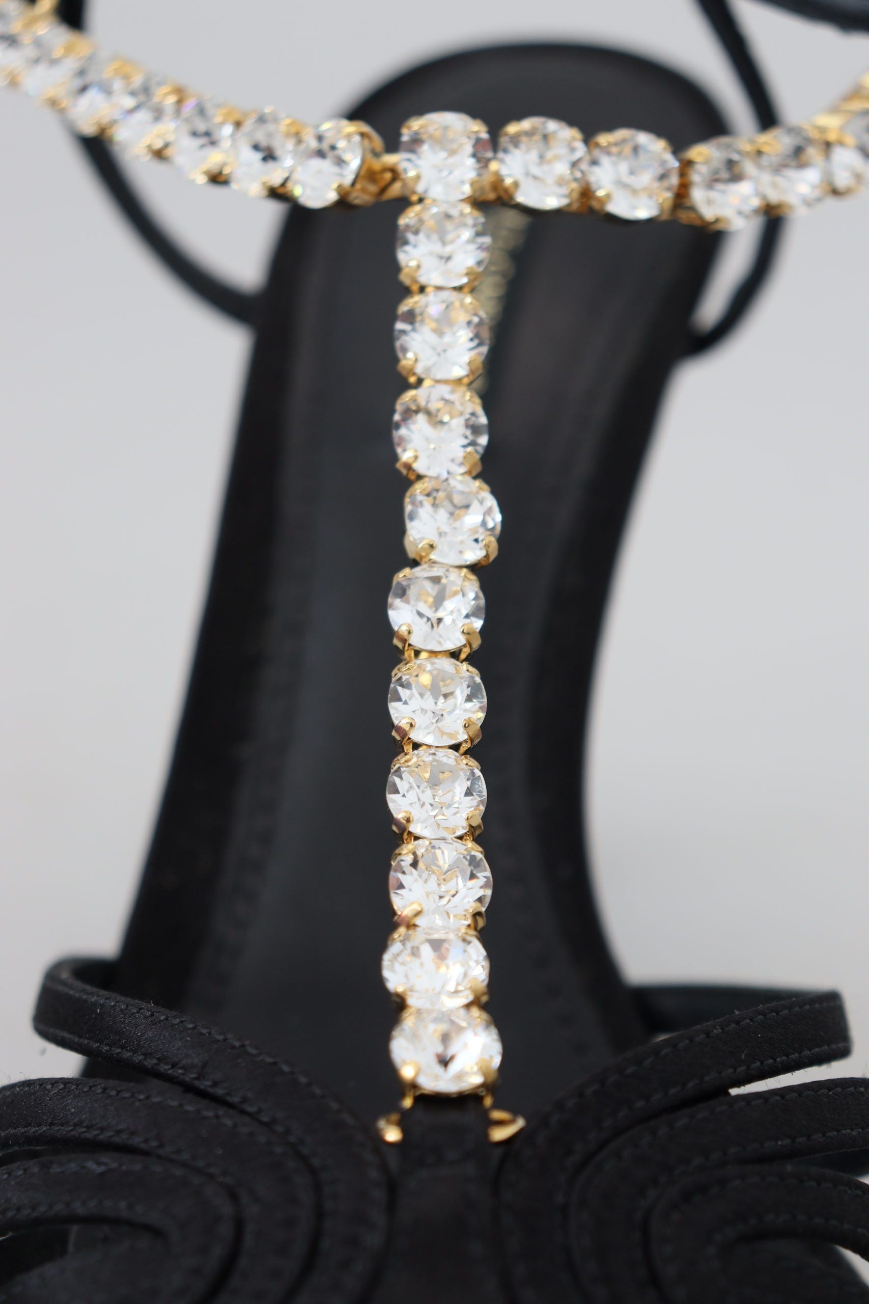 Dolce & Gabbana Black Satin Clear Crystal T-strap Sandal Shoes-8