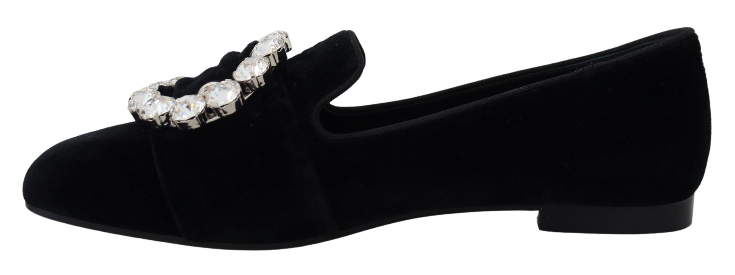 Dolce & Gabbana Black Velvet Crystal Loafers Flats Shoes-7