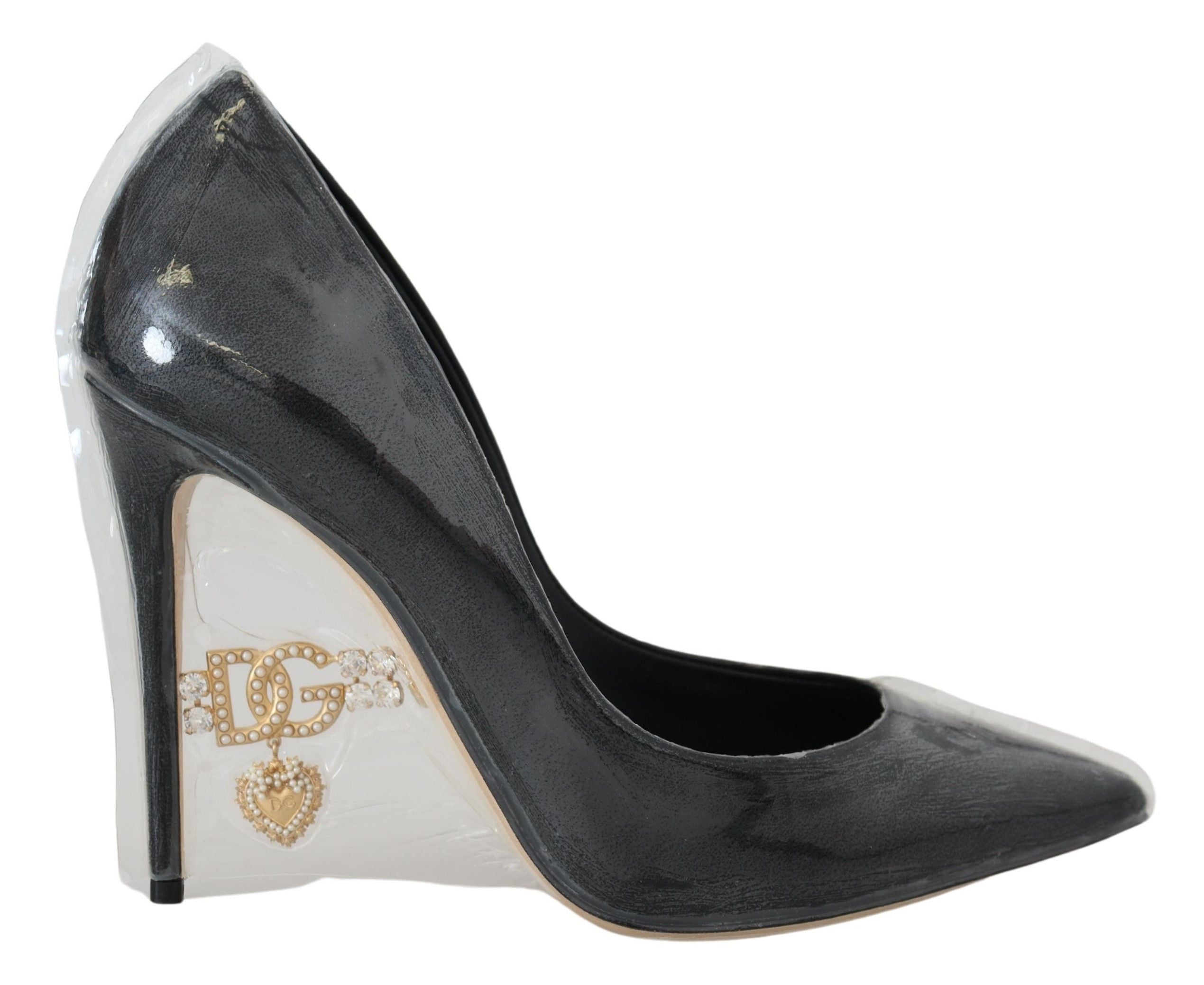 Dolce & Gabbana Black Leather Heeled Pumps Plastic Coated Shoes-1