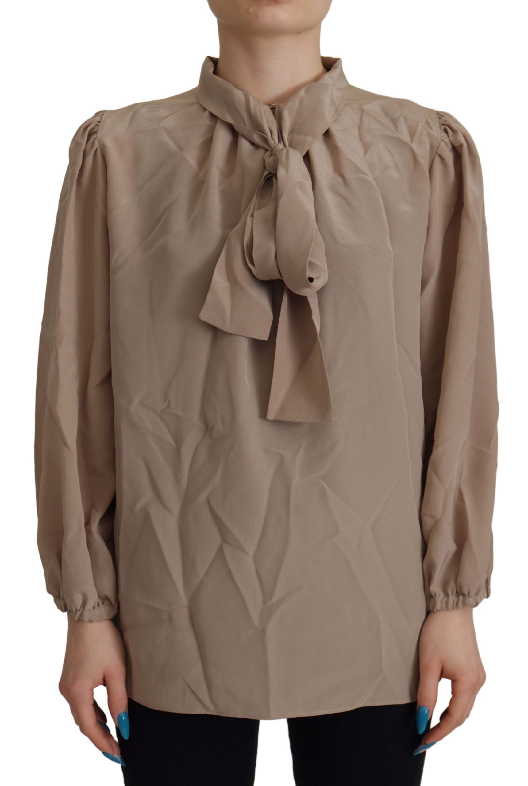 Dolce & Gabbana Brown Waistband Sleeve Ascot Collar Top Blouse