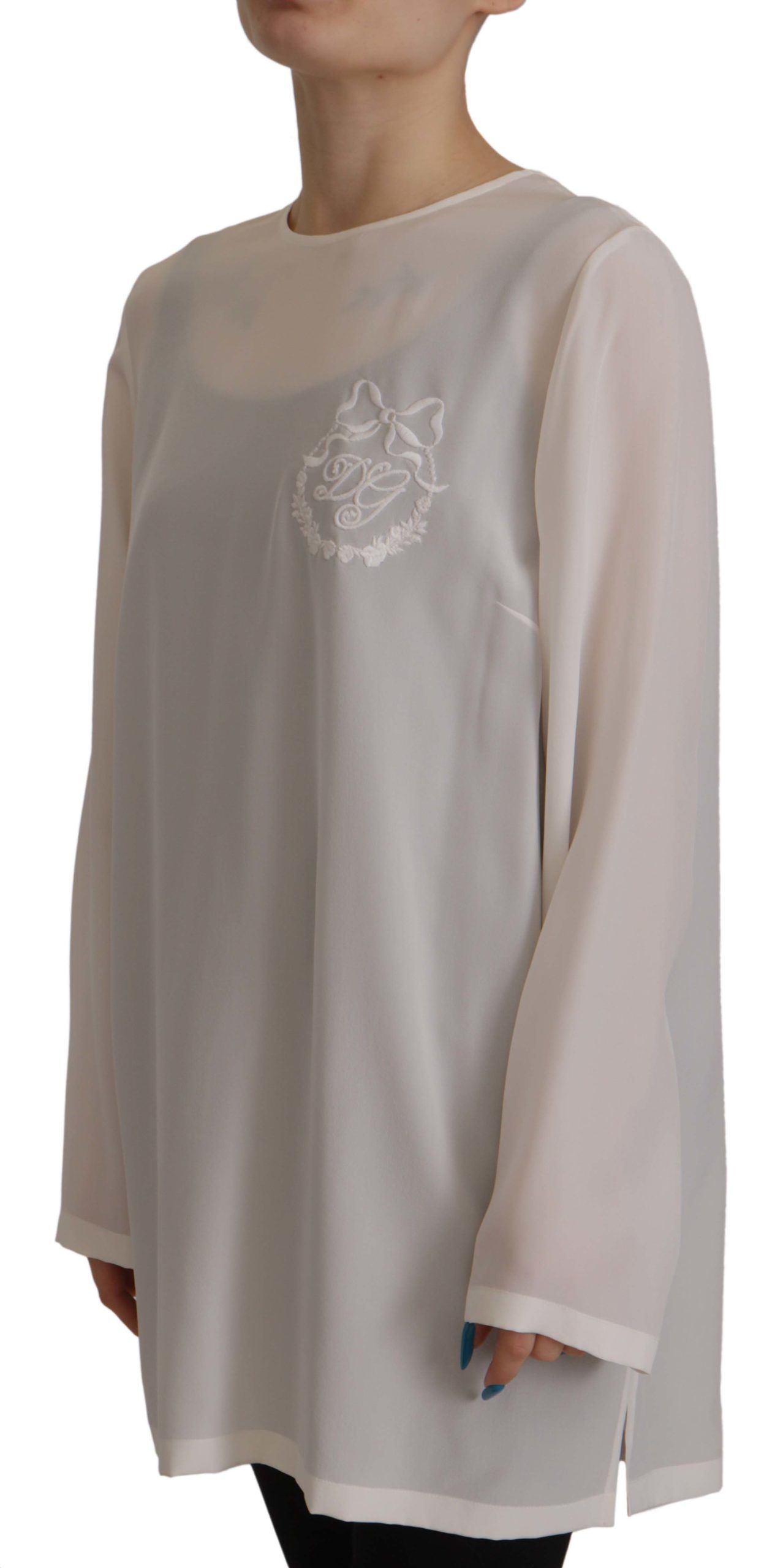 Dolce & Gabbana white silk blouse with DG logo embroidery and long sleeves-4