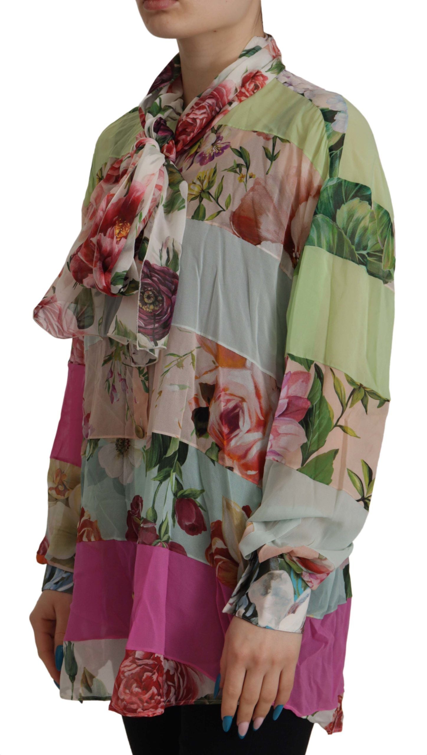 Dolce & Gabbana Multicolor Floral Patchwork Design Ascot Collar Top Blouse-2