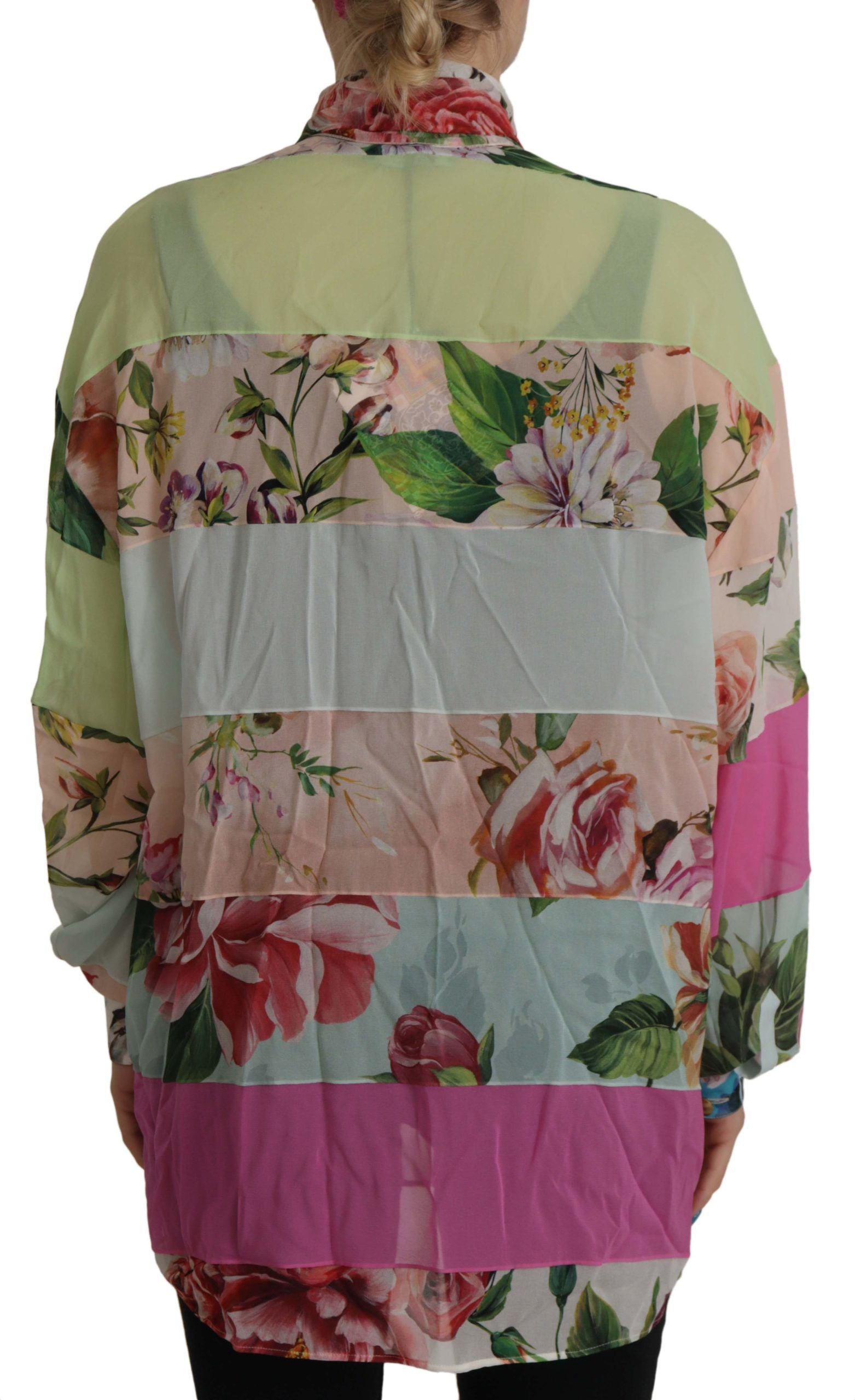 Dolce & Gabbana Multicolor Floral Patchwork Design Ascot Collar Top Blouse-3