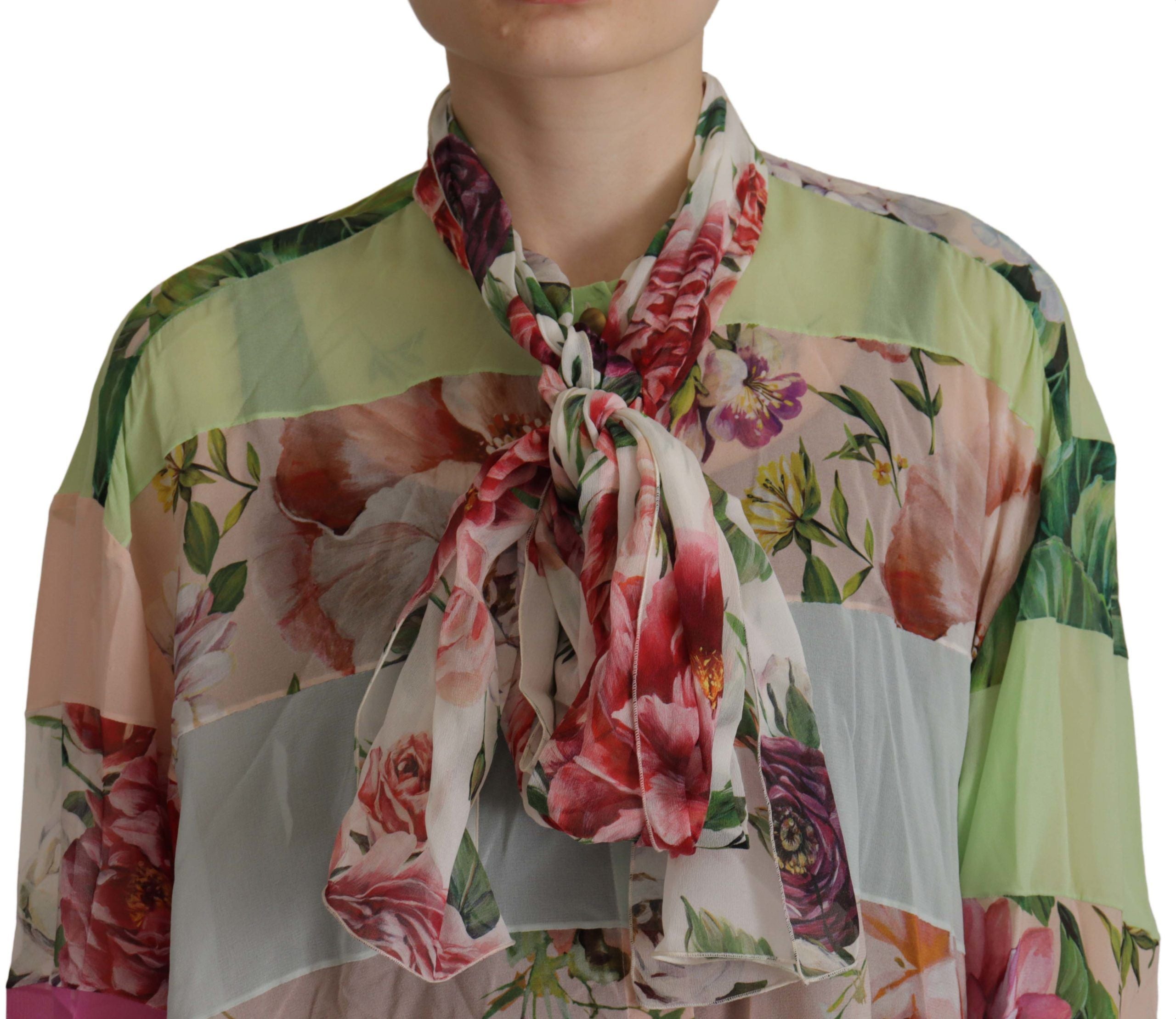 Dolce & Gabbana Multicolor Floral Patchwork Design Ascot Collar Top Blouse-4