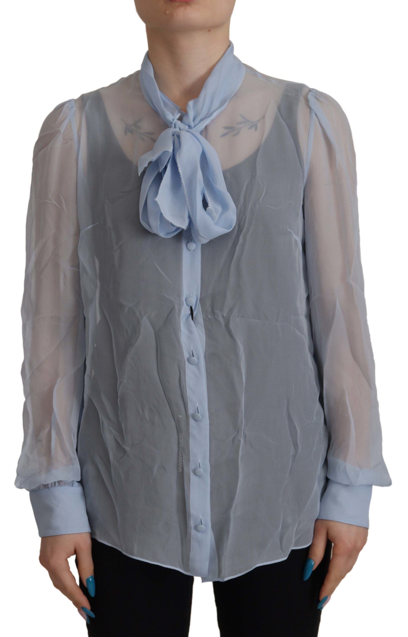 Dolce & Gabbana light blue silk ascot collar long-sleeved top