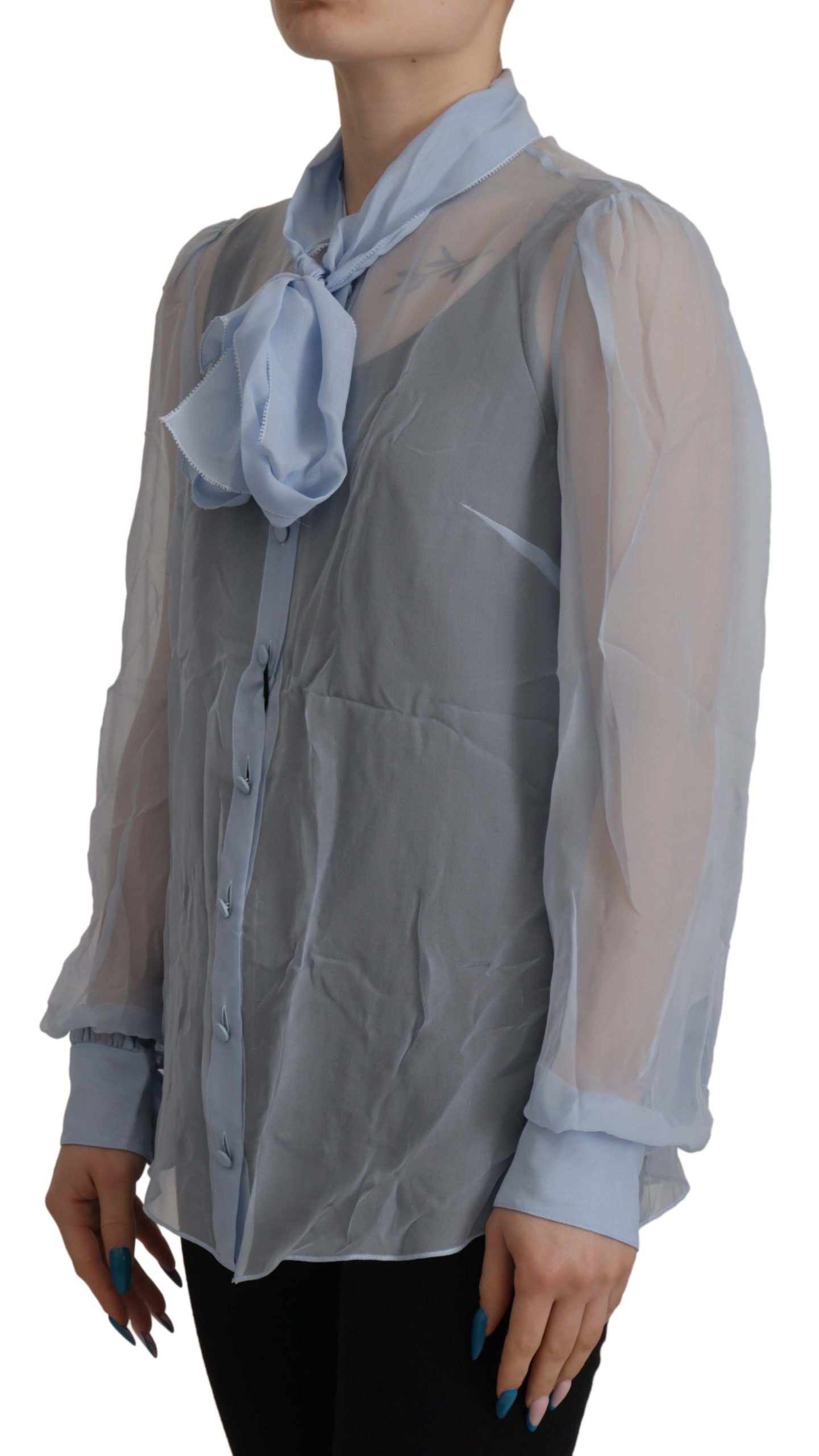 Dolce & Gabbana light blue silk ascot collar long-sleeved top-4