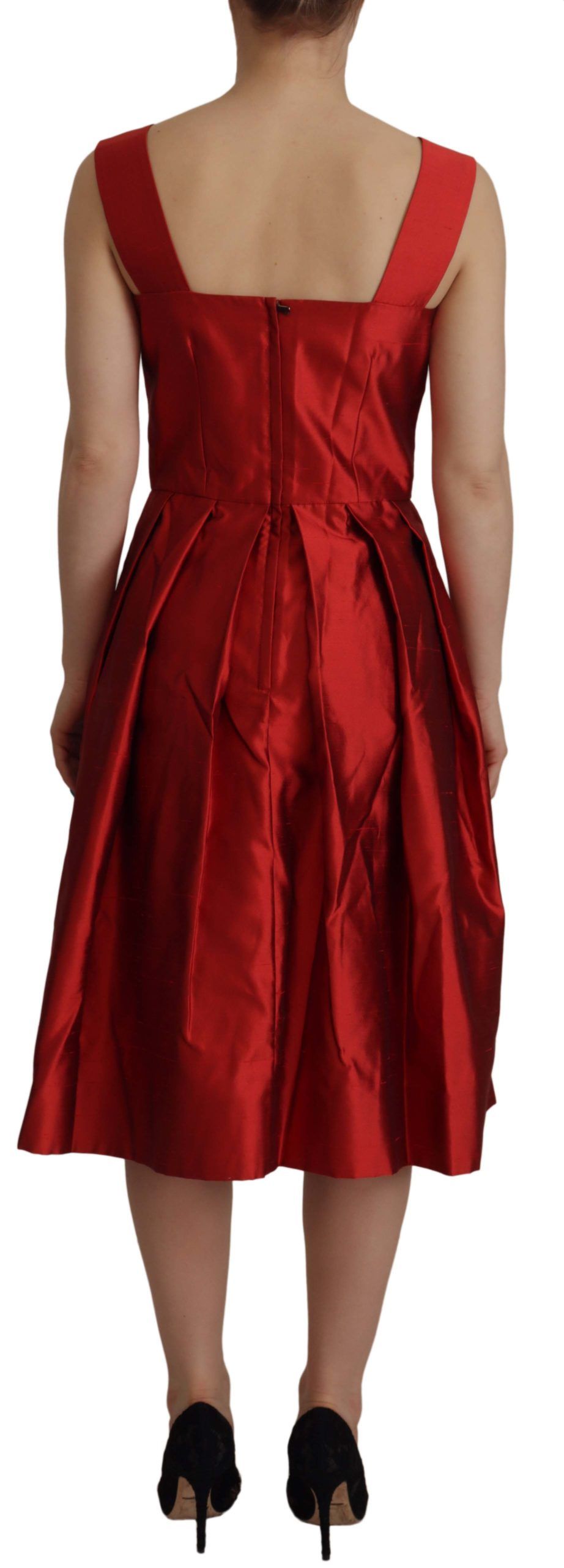 Vestido rojo de corte A de Dolce & Gabbana en satén plisado y seda-3