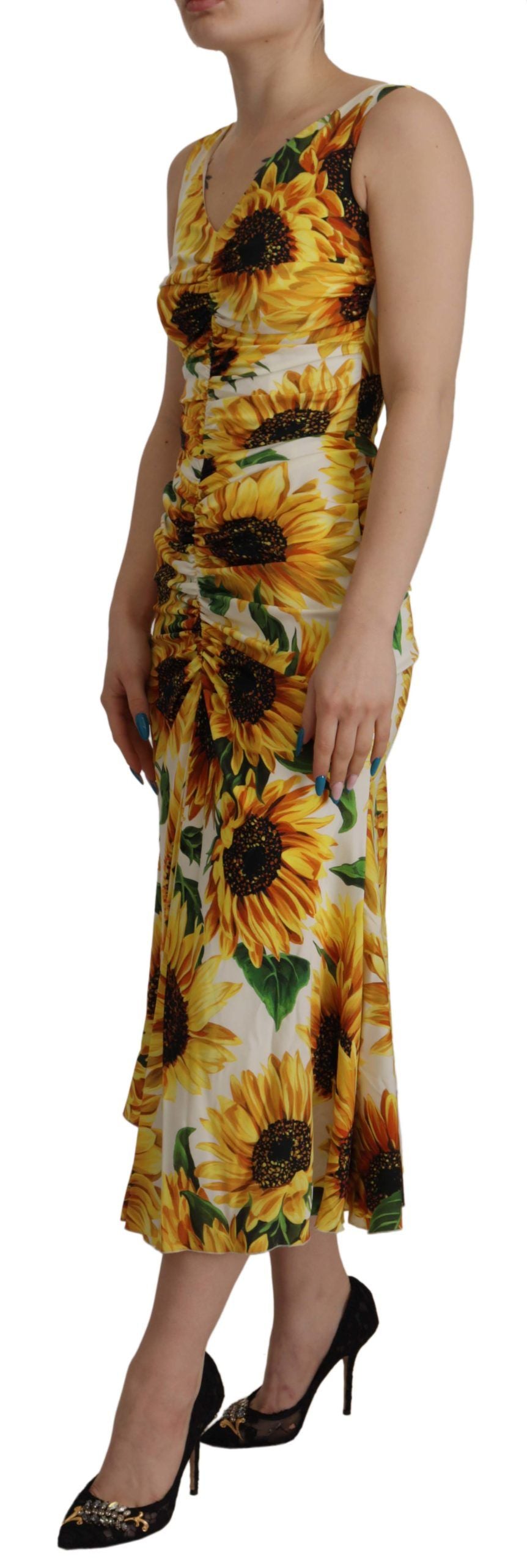 Dolce & Gabbana White Sunflower Print Midi Silk Coat-2