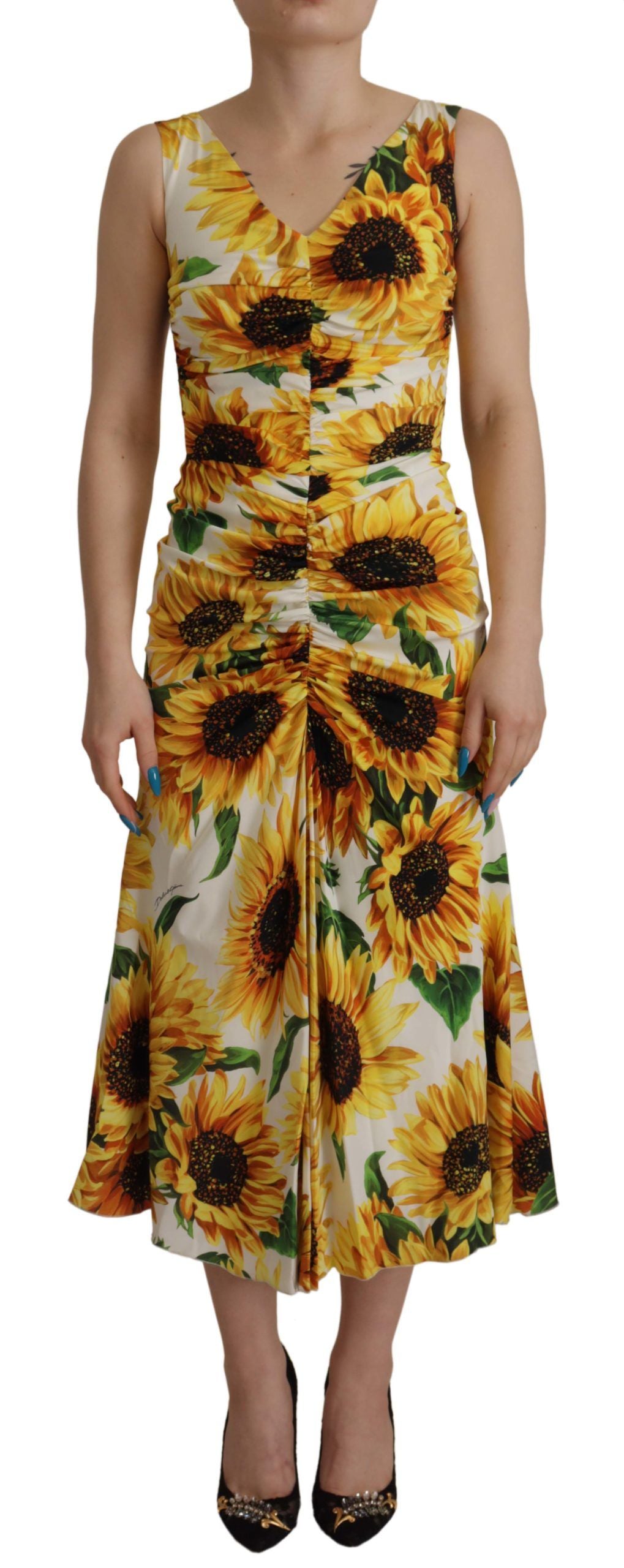 Dolce & Gabbana White Sunflower Print Midi Silk Coat-1
