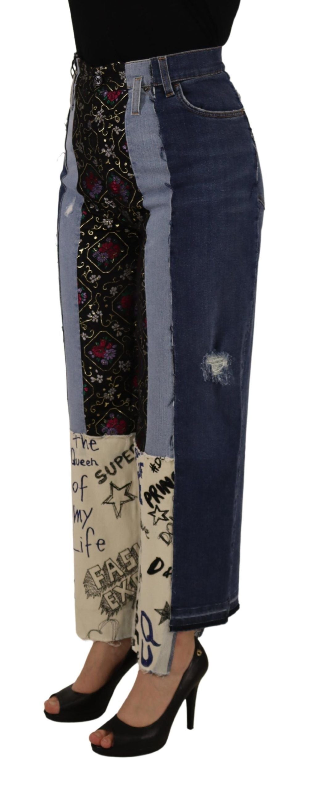 Dolce & Gabbana Multicolor Patchwork DG Mode Weites Bein Denim Hose-3