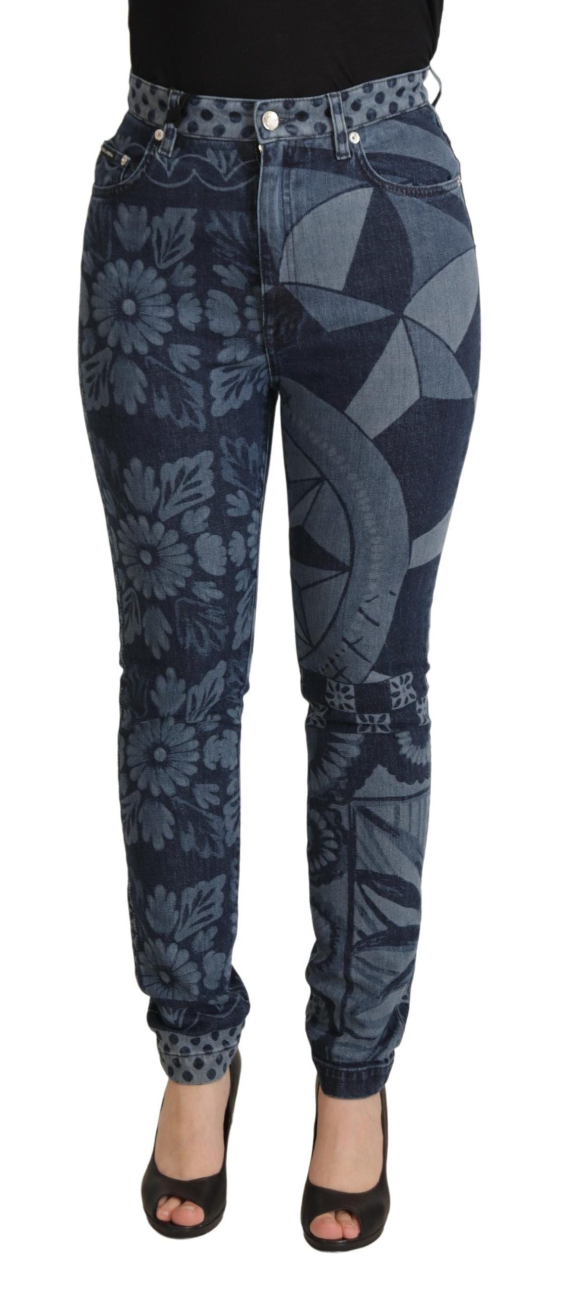 Vaqueros ajustados de cintura alta con estampado floral azul de Dolce & Gabbana