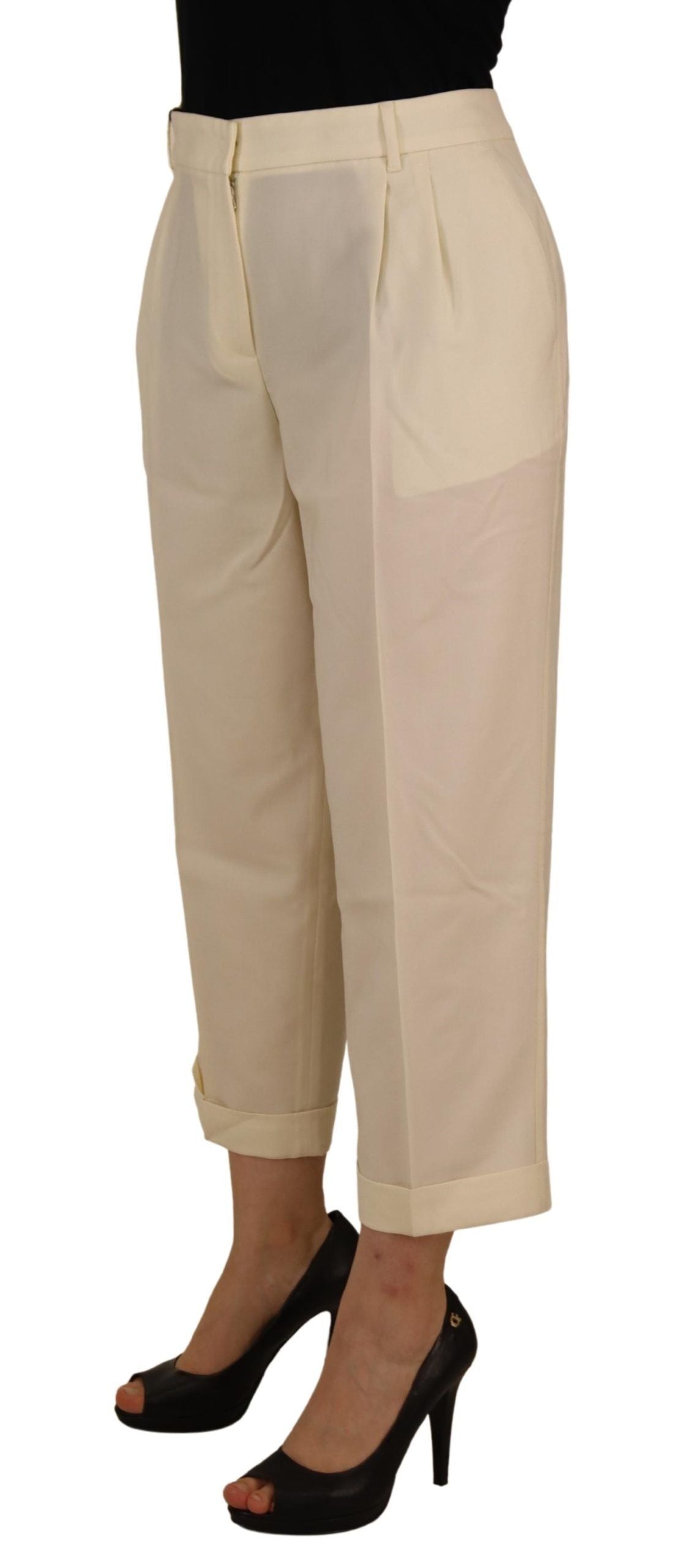 Pantalones de cintura alta color marfil con dobladillo vuelto de Dolce & Gabbana-2