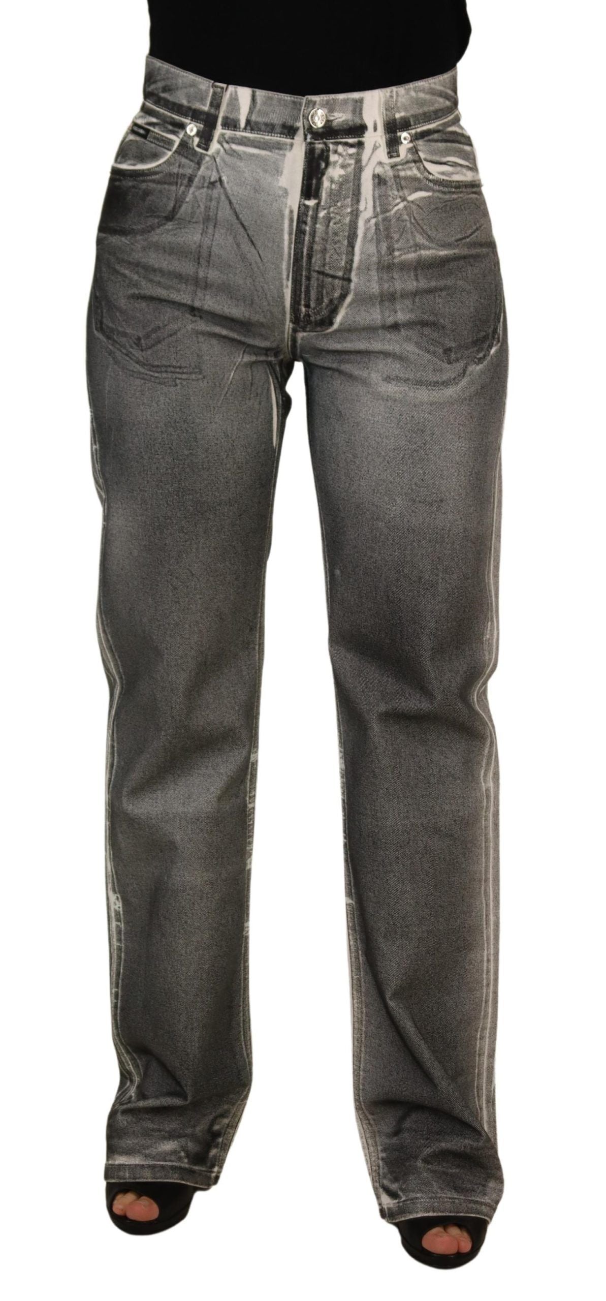 Dolce & Gabbana Graue gewaschene Denim-Hose mit hoher Taille Baumwolljeans-1