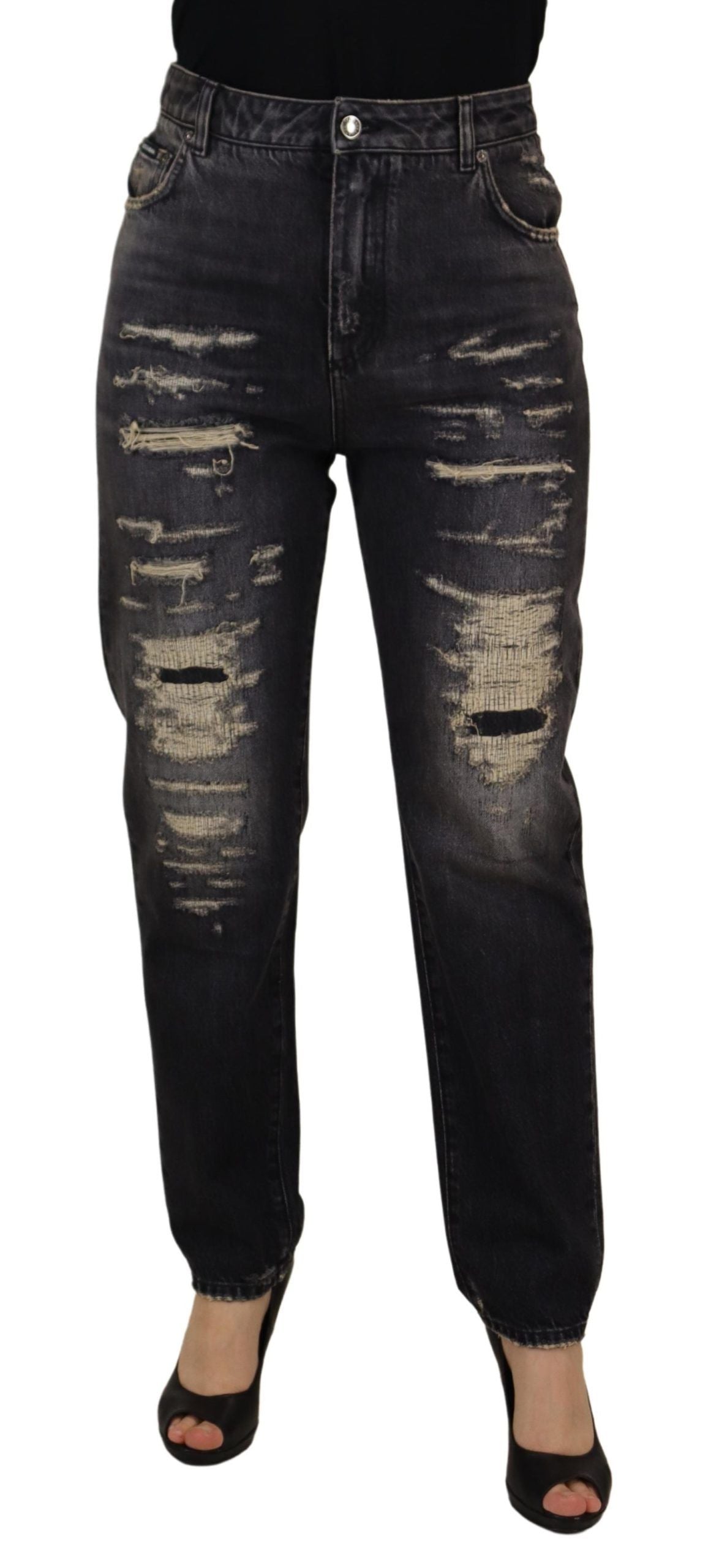 Vaqueros de cintura alta negros descoloridos y rotos de Dolce & Gabbana