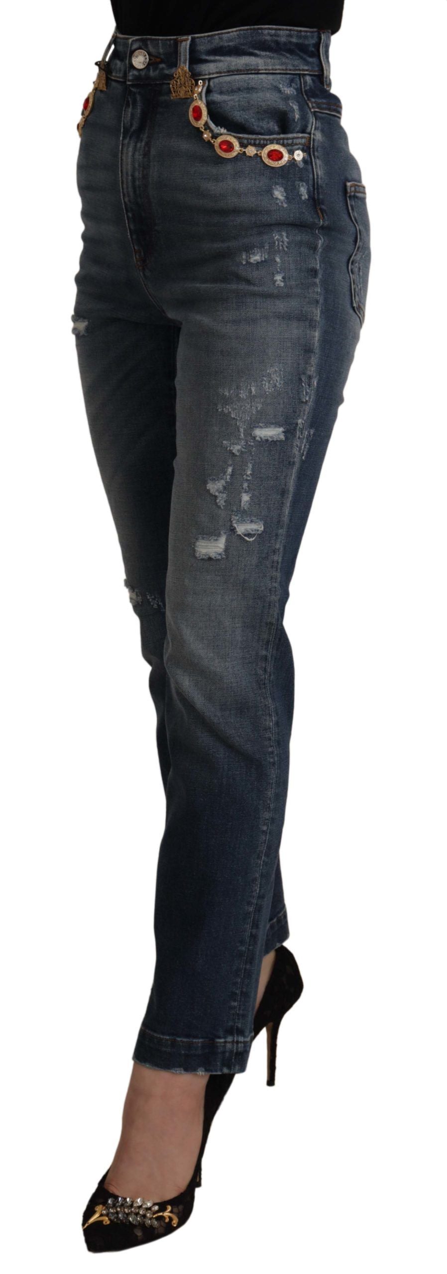 Dolce & Gabbana Blue Denim Trousers with Crystal Embellishment Jeans-3
