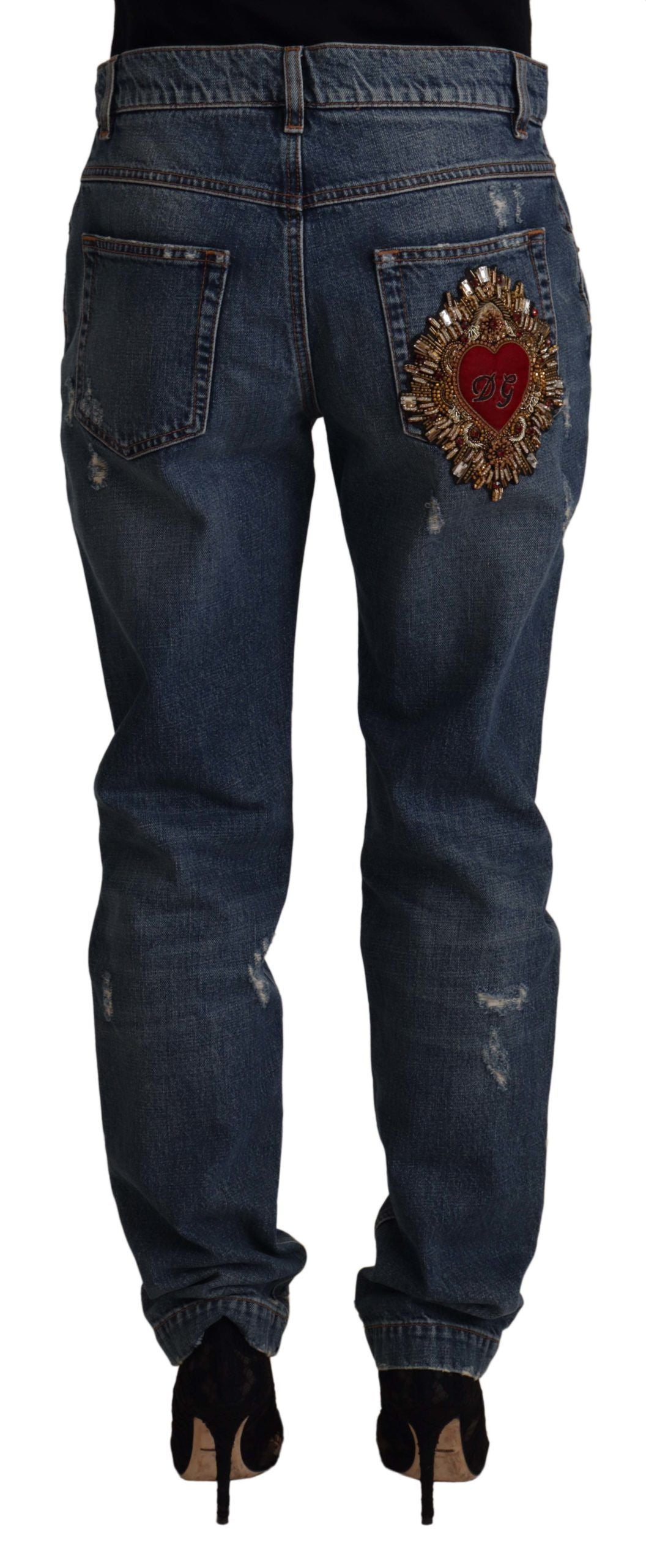 Dolce & Gabbana Blaue Denim Barock Herz Logo Patch Hose Jeans-2