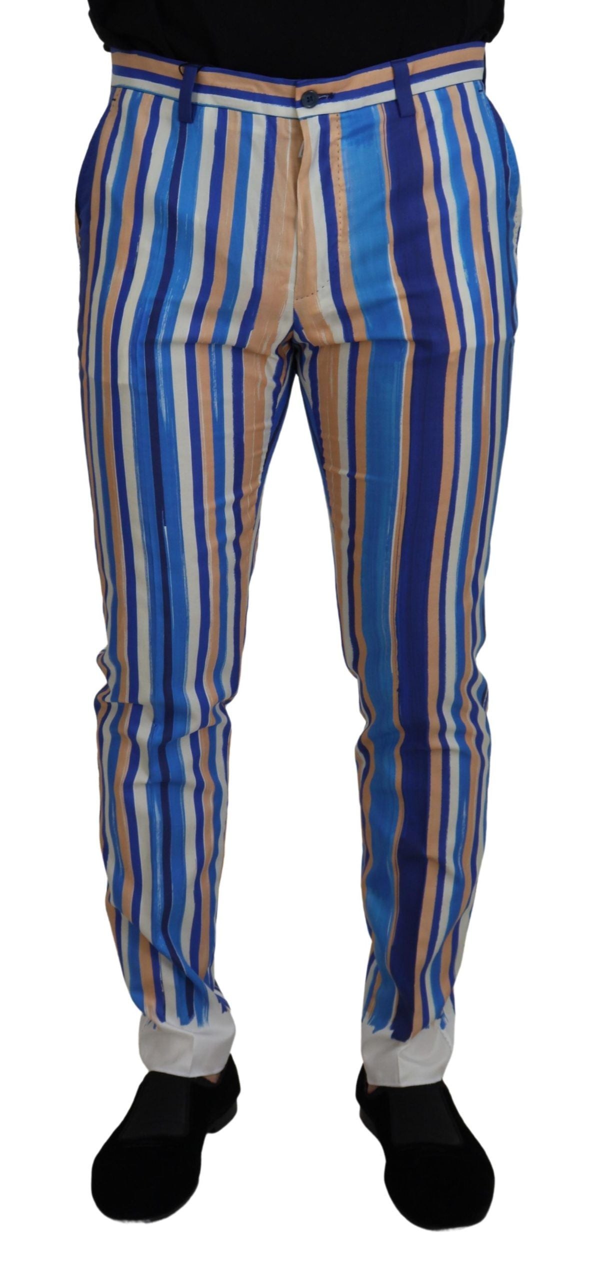 Dolce & Gabbana Blue Striped Silk Cotton Slim Fit Trousers