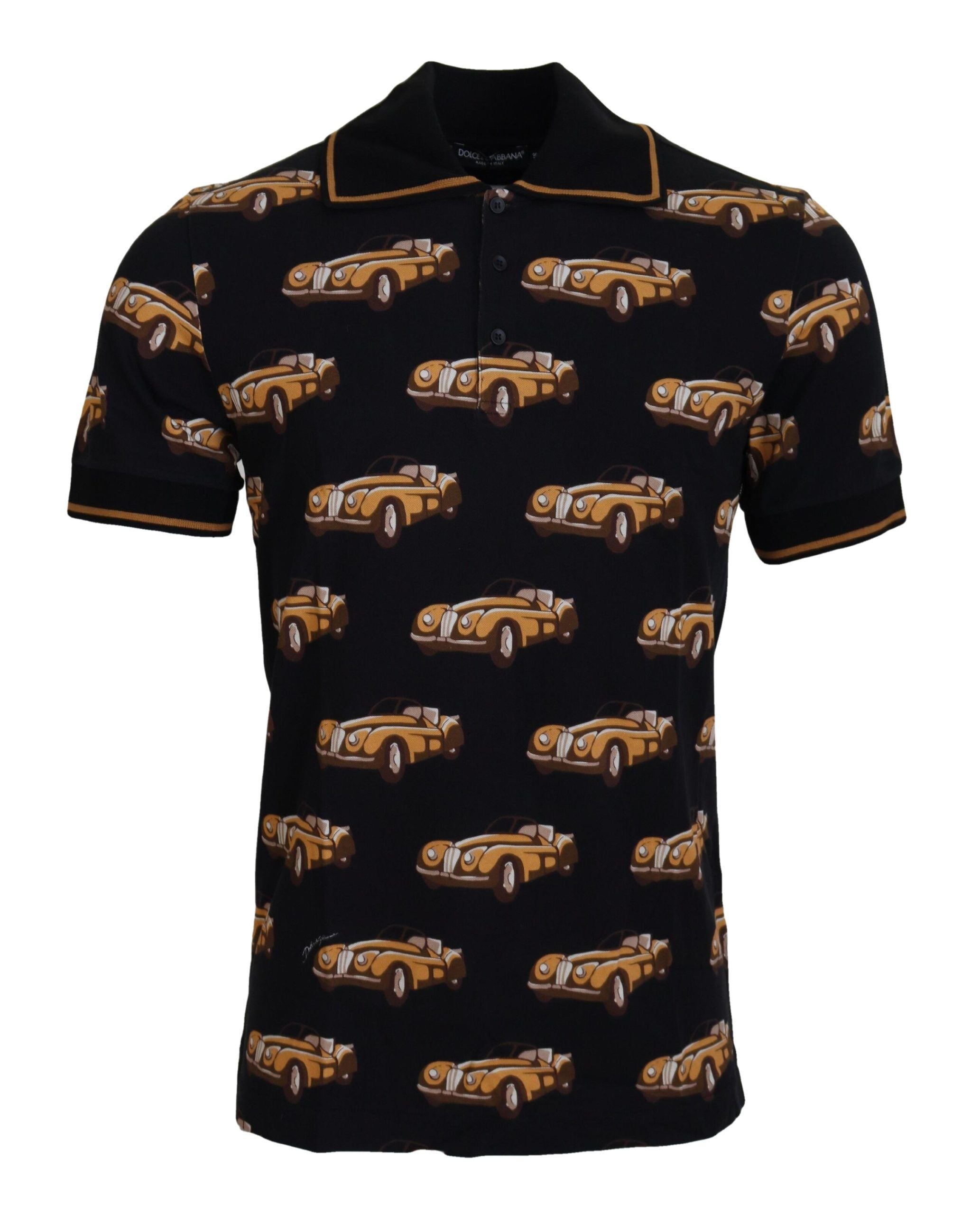 Dolce & Gabbana Black Short Sleeve Polo T-Shirt with Car Print