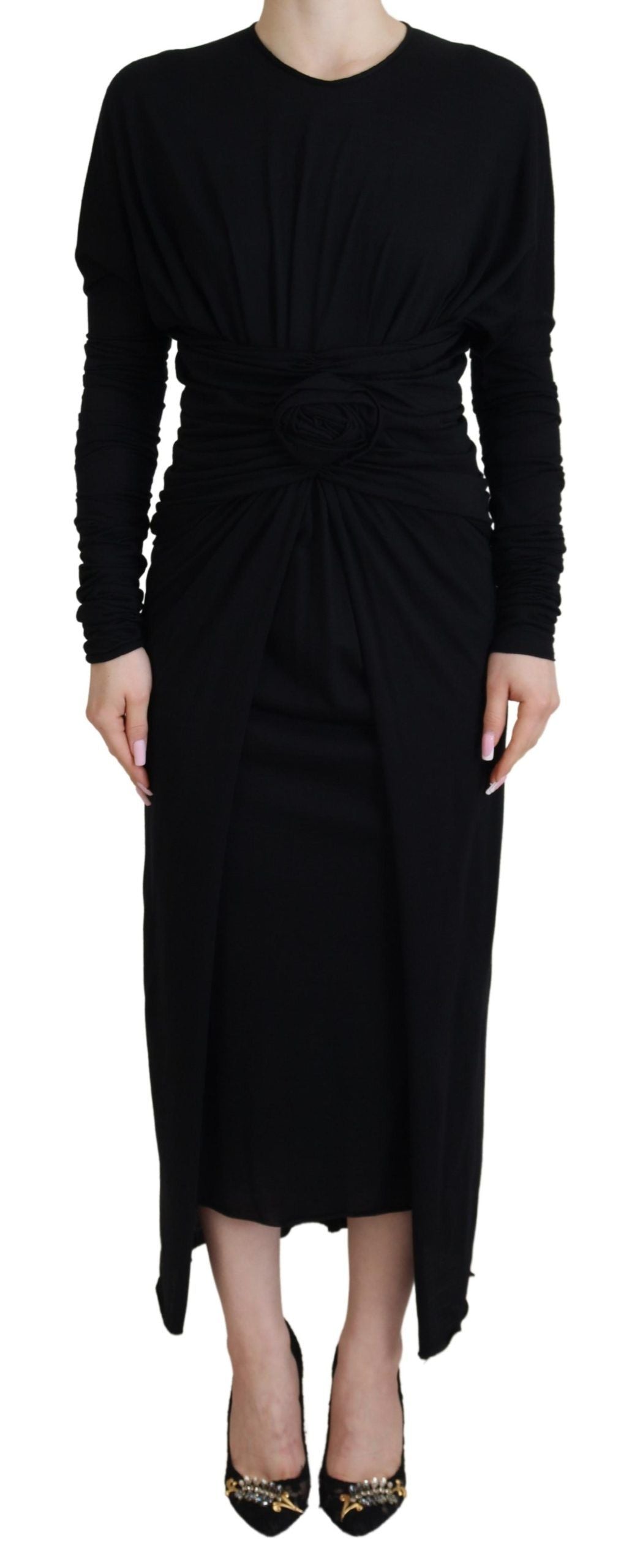 Dolce & Gabbana Black Sheath Dress Midi Dress Wool Wrap Dress-1