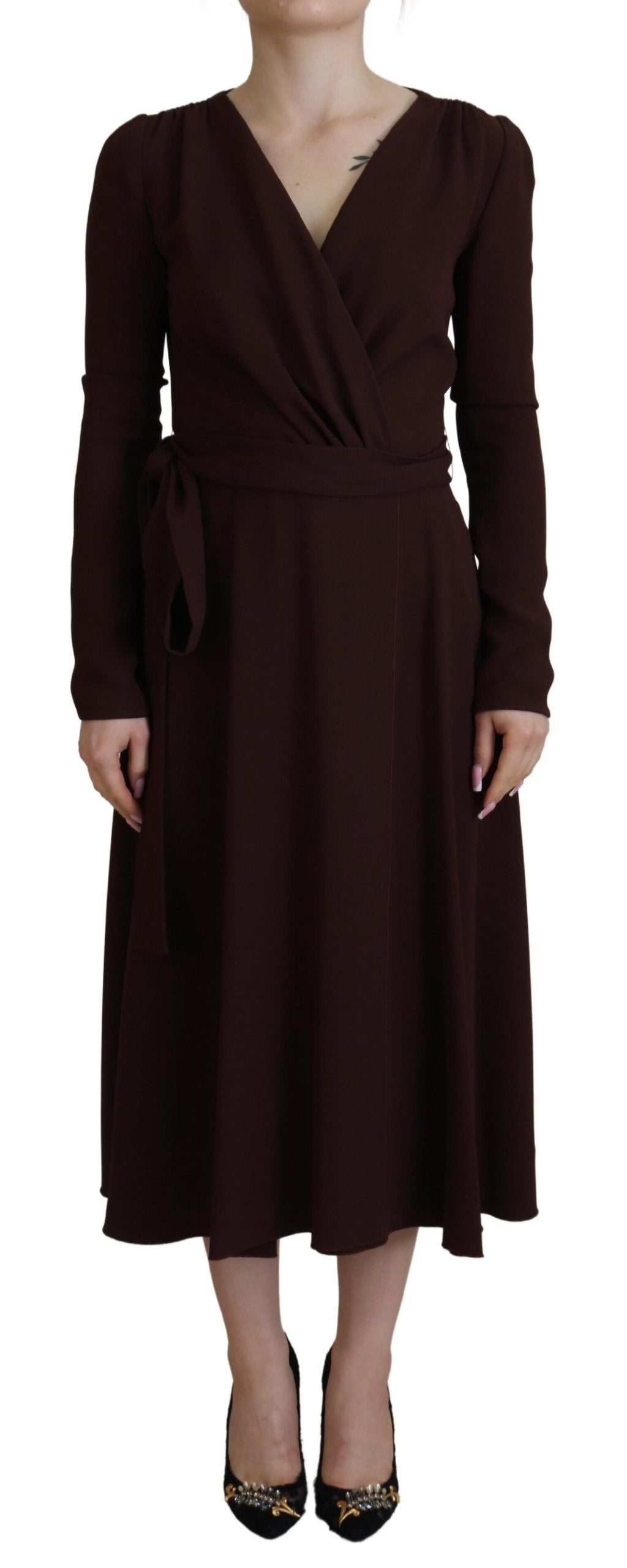 Dolce & Gabbana Brown long-sleeved midi stretch wrap dress-1