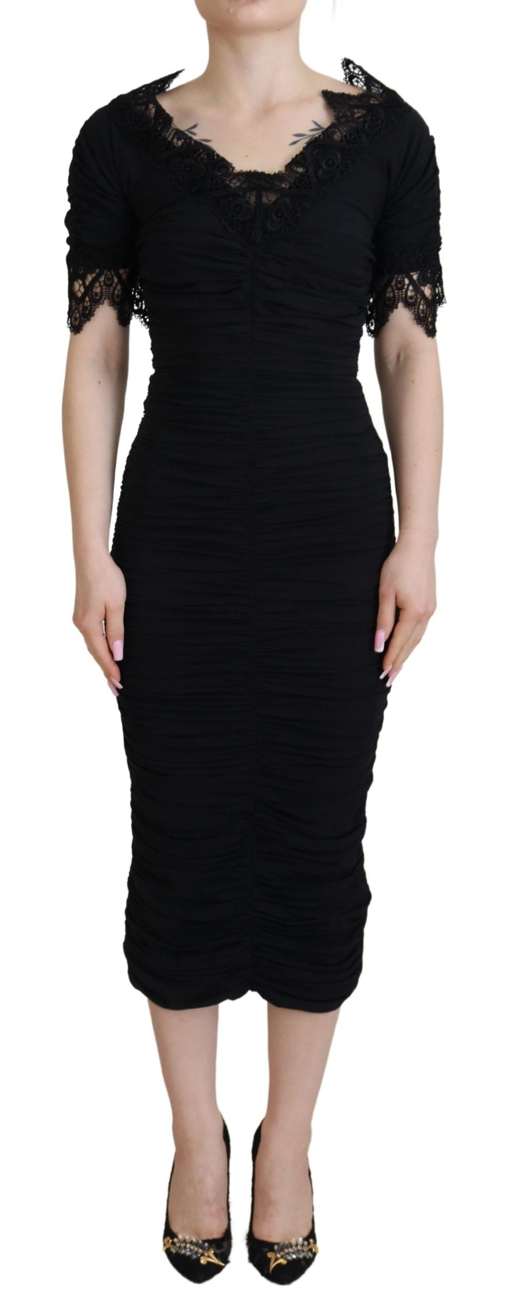 Dolce & Gabbana Black silk midi bodycon dress with lace-1