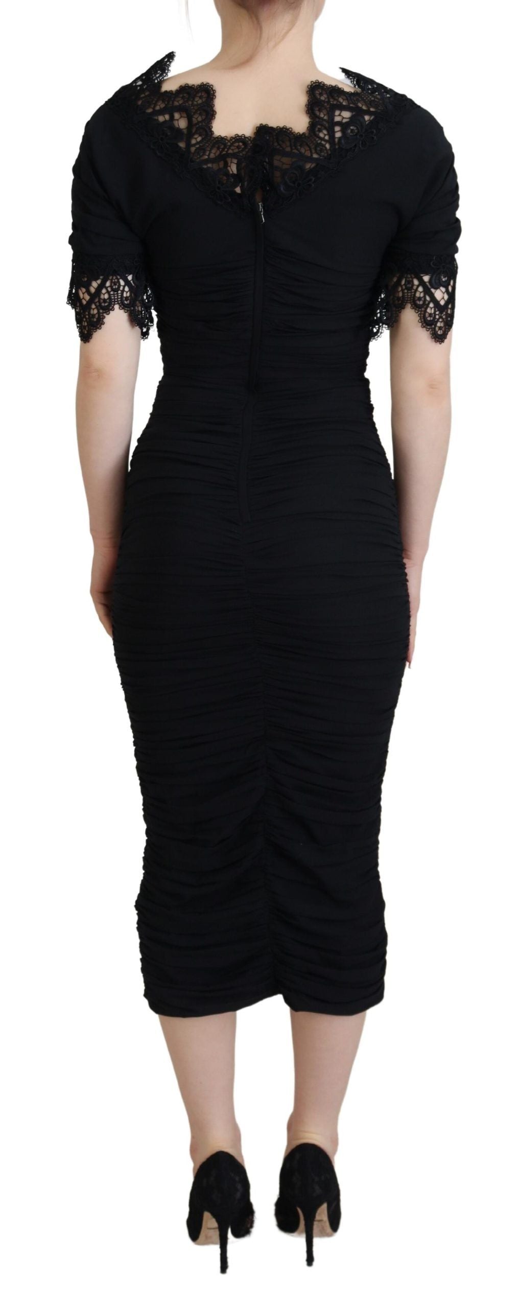 Dolce & Gabbana Black silk midi bodycon dress with lace-3