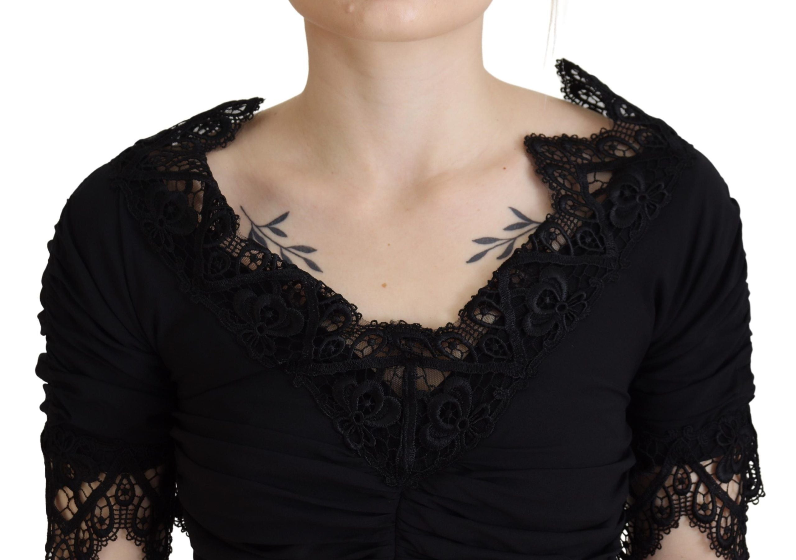 Dolce & Gabbana Black silk midi bodycon dress with lace-4
