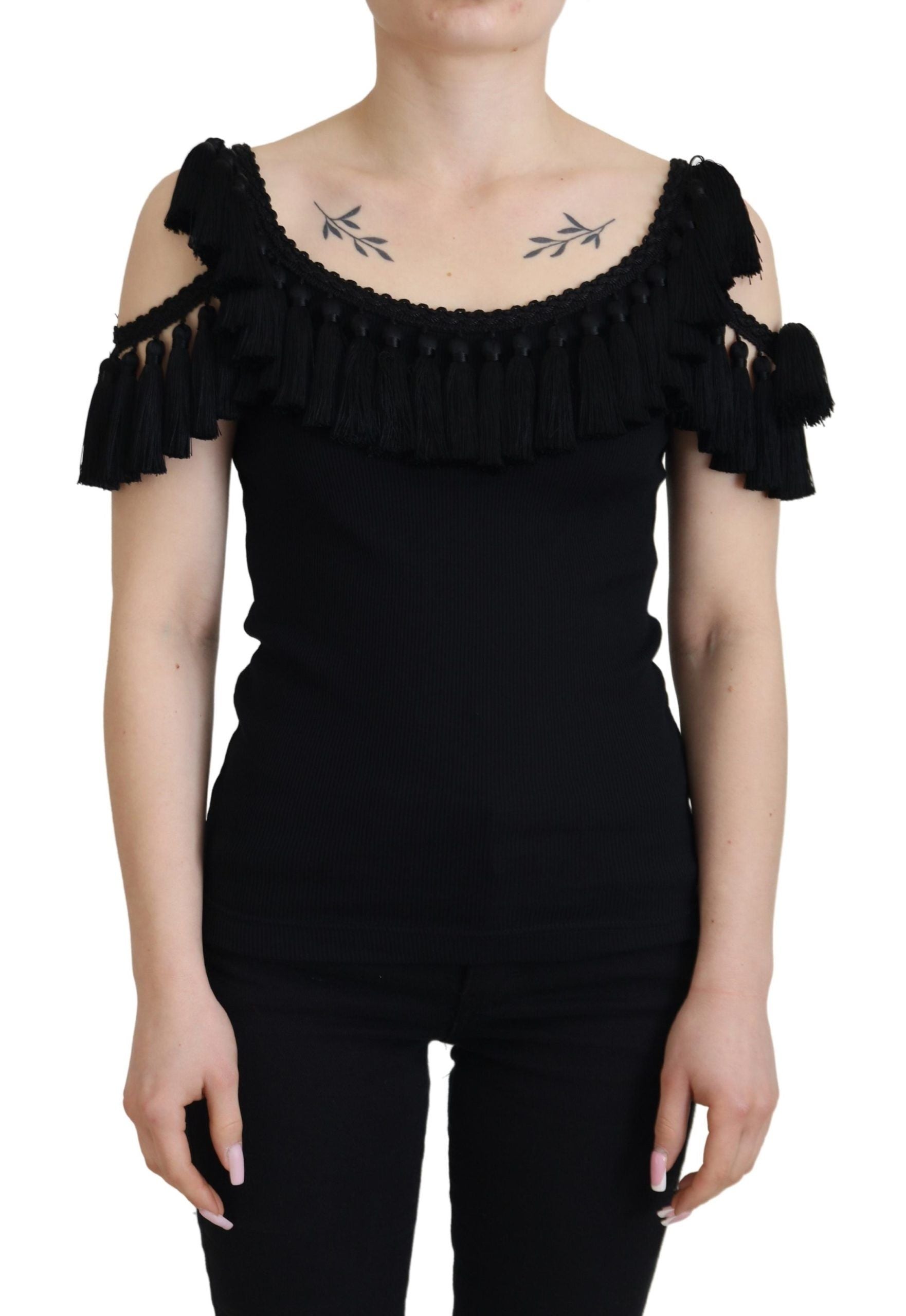 Dolce & Gabbana Black Tank Top Blouse Tassel Blouse Cotton