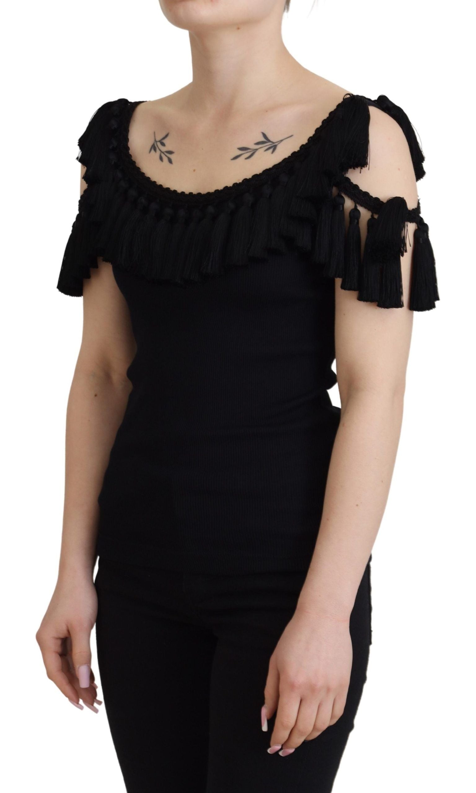 Dolce & Gabbana Black Tank Top Blouse Tassel Blouse Cotton-5